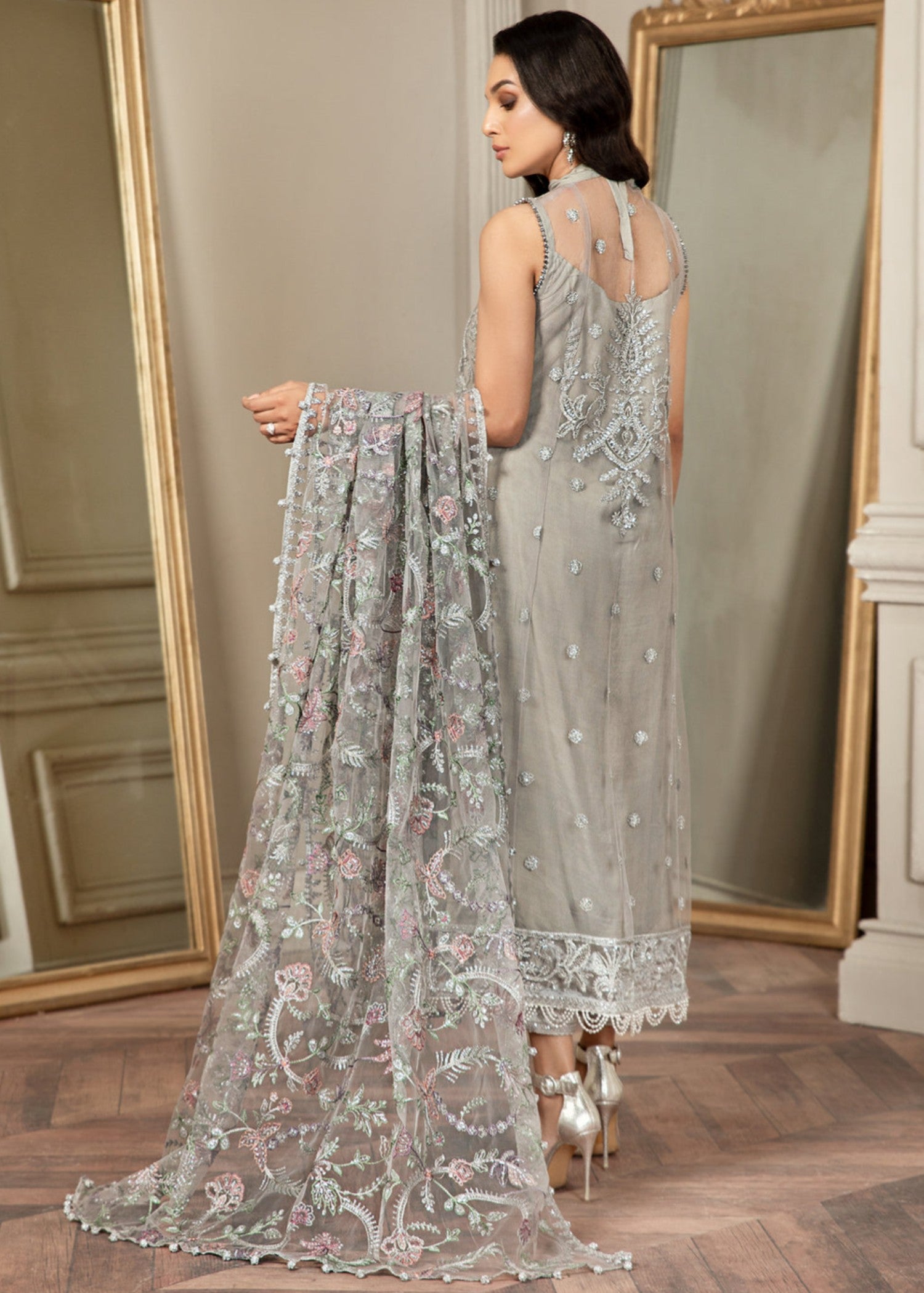 net Kurta Set in Ash grey