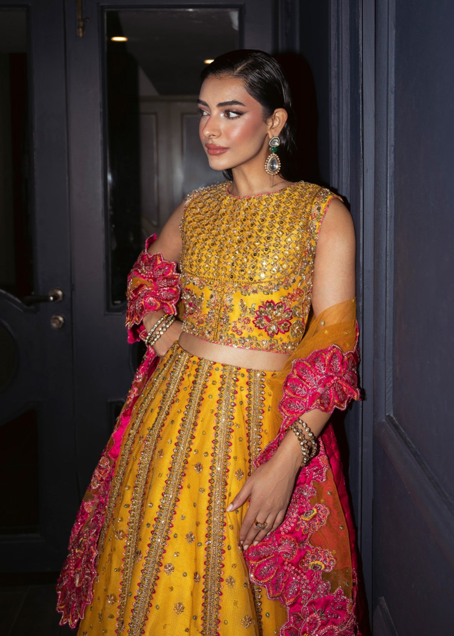 net Lehenga in Mustard