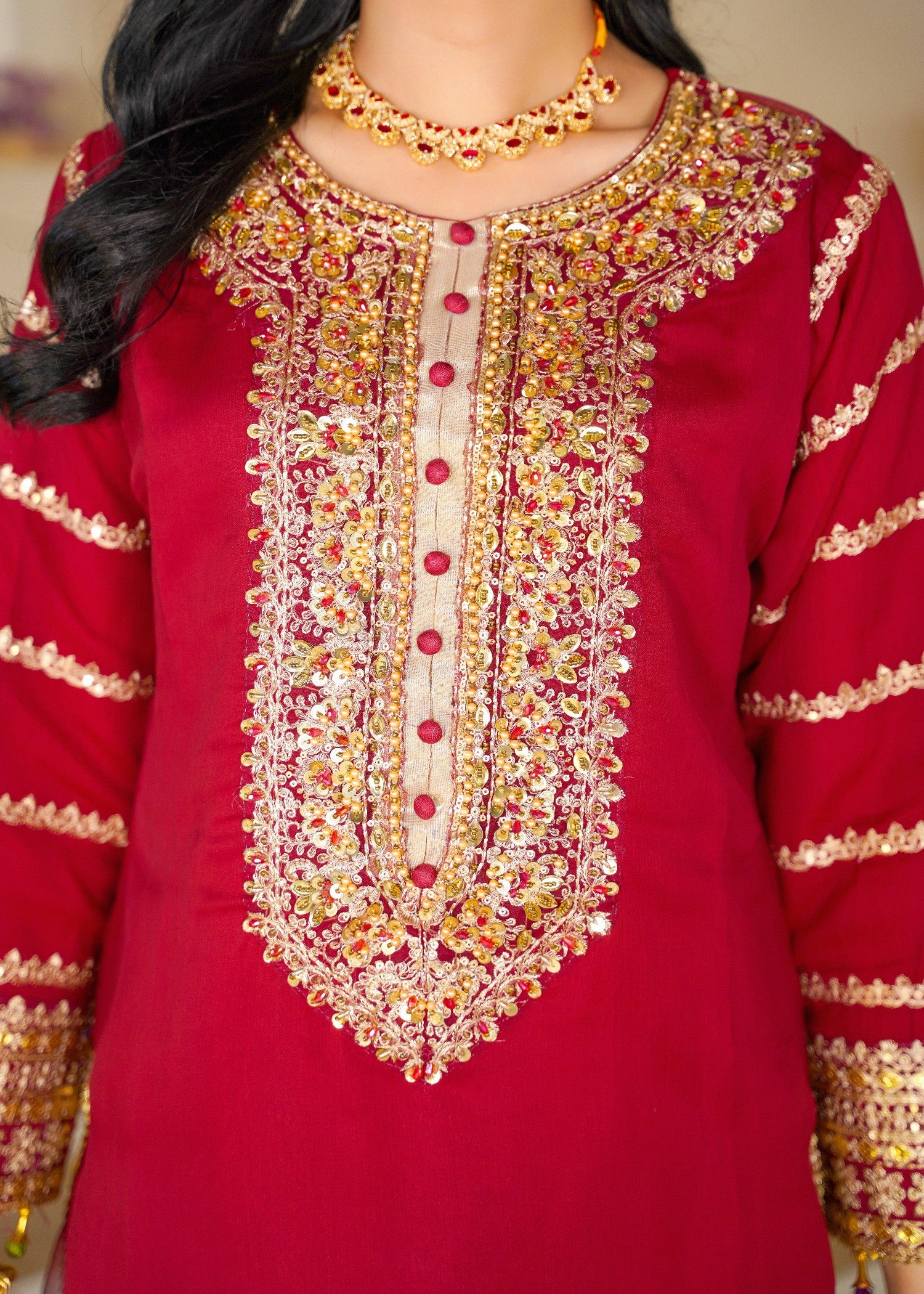 chiffon Sharara in Gold, cherry red