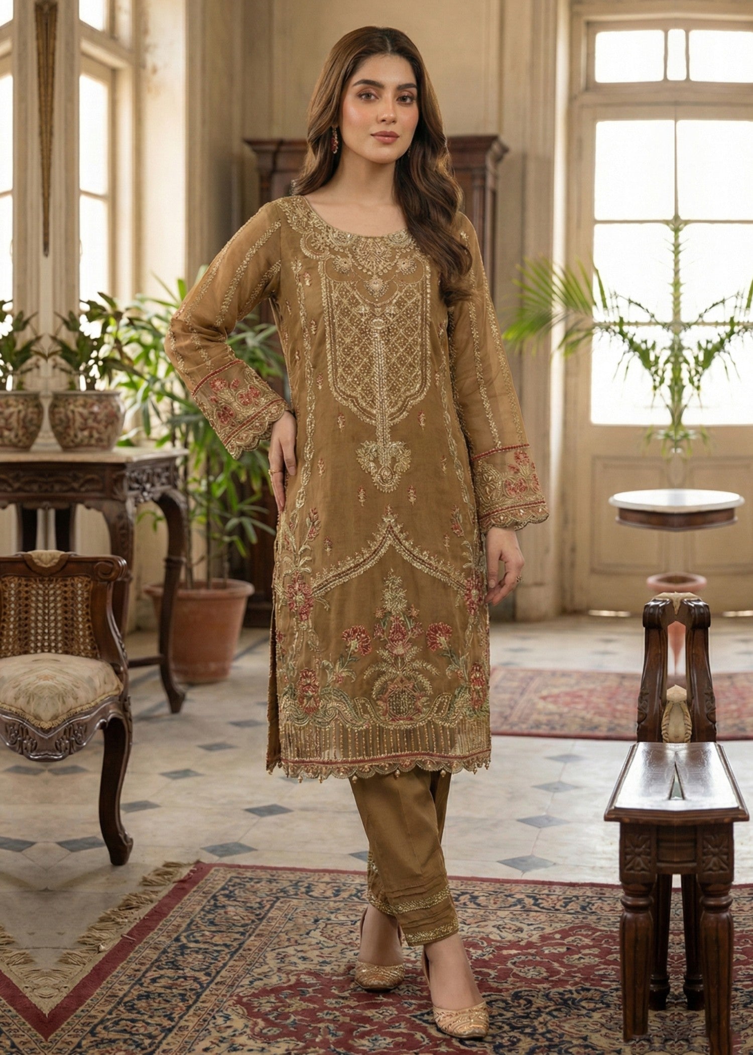 organza Kurta Set in Golden brown