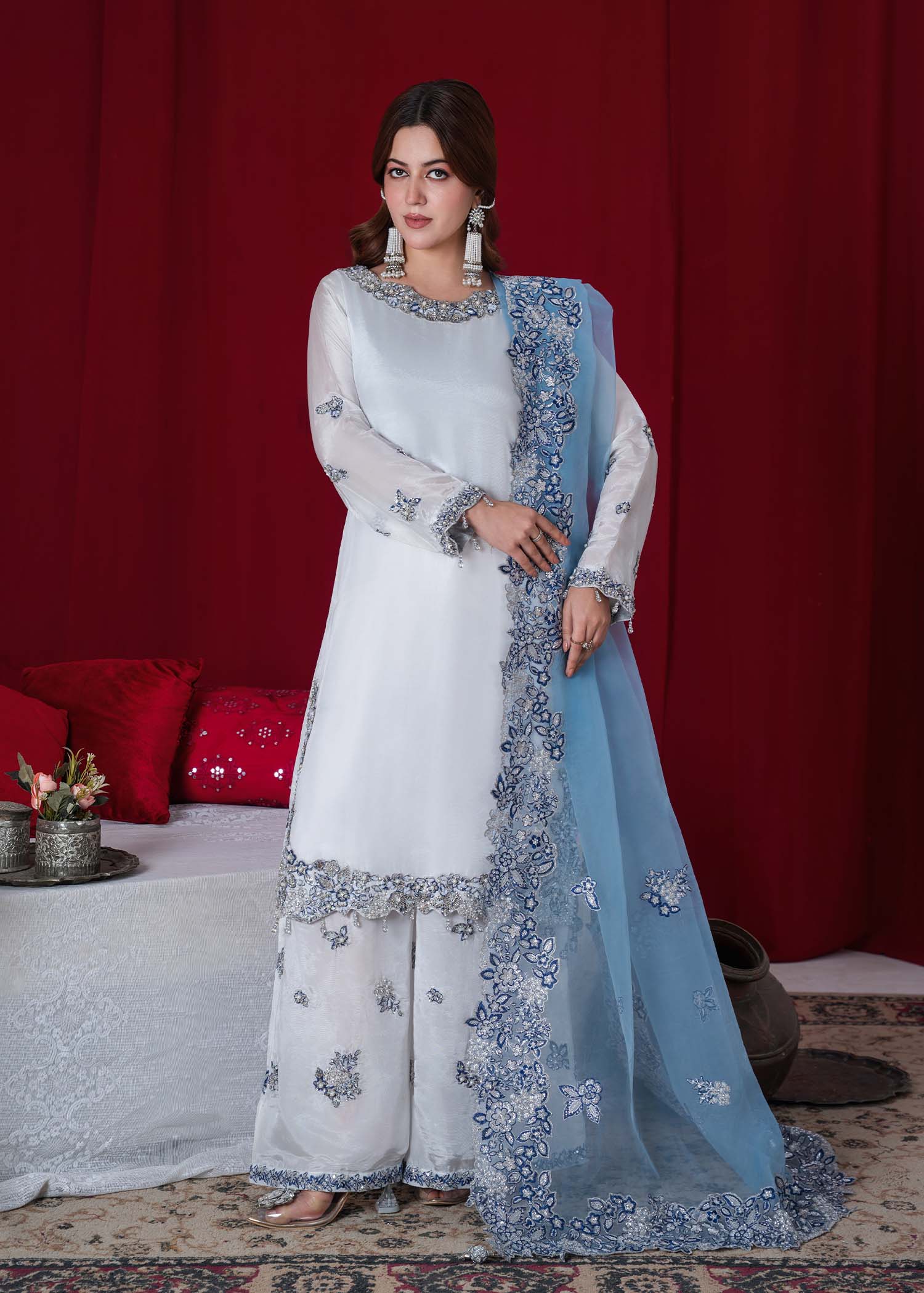 tissue silk Kurta Set in White, sky blue