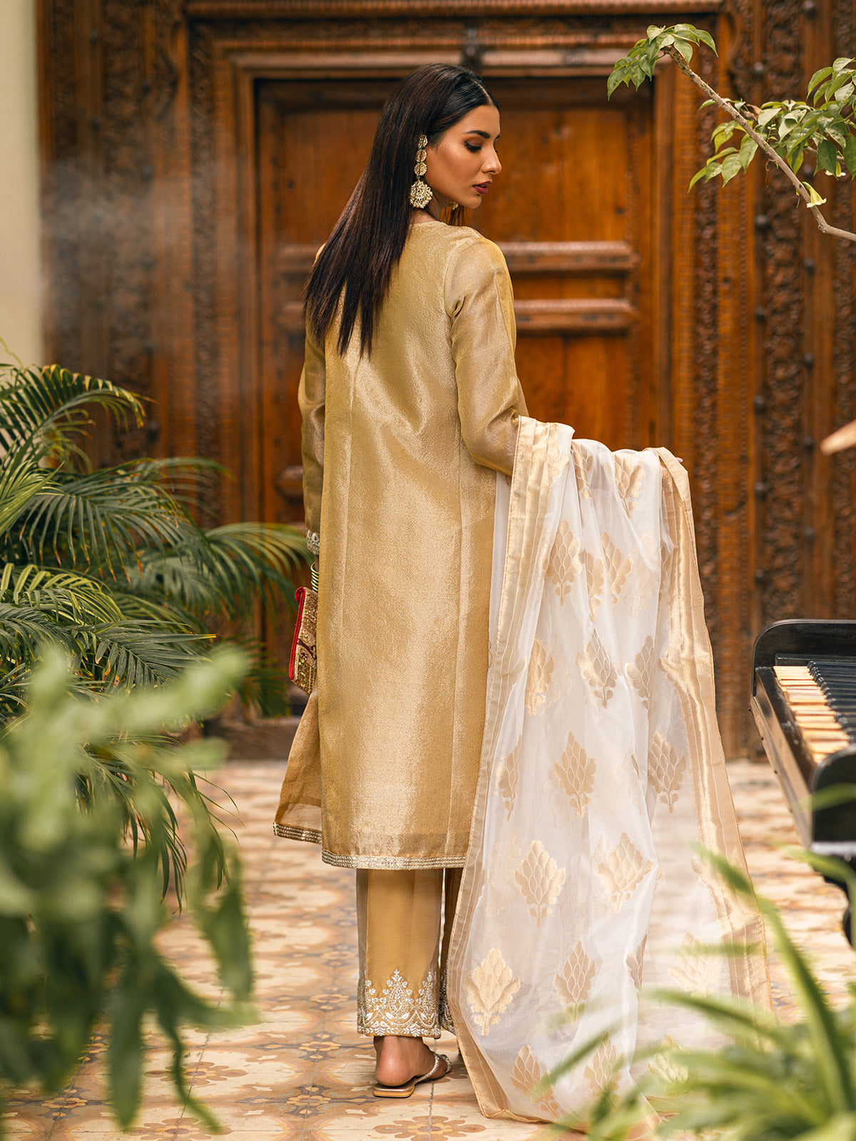zari net Kurta Set in Beige
