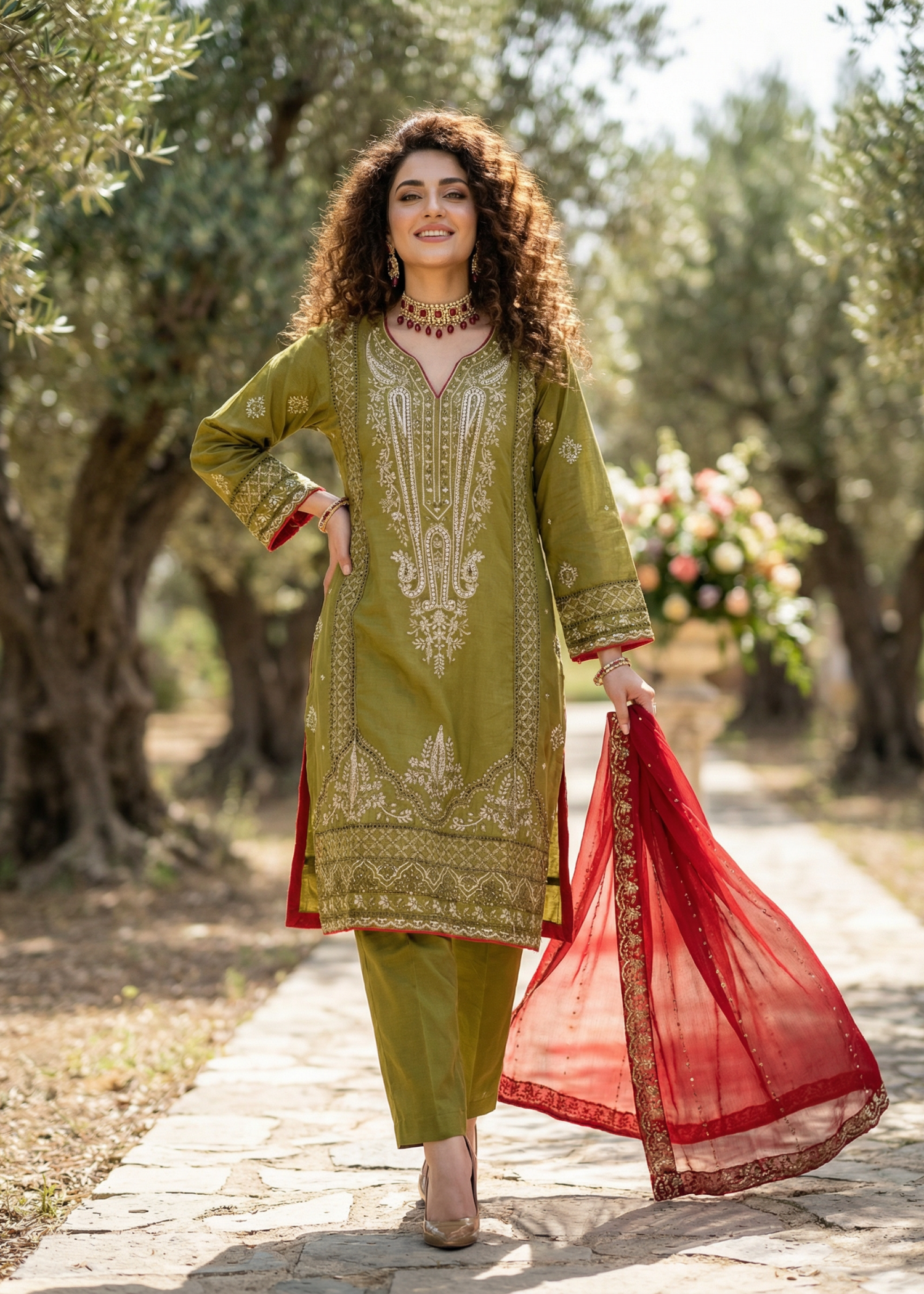 lawn Kurta Set in Olive green, maroon