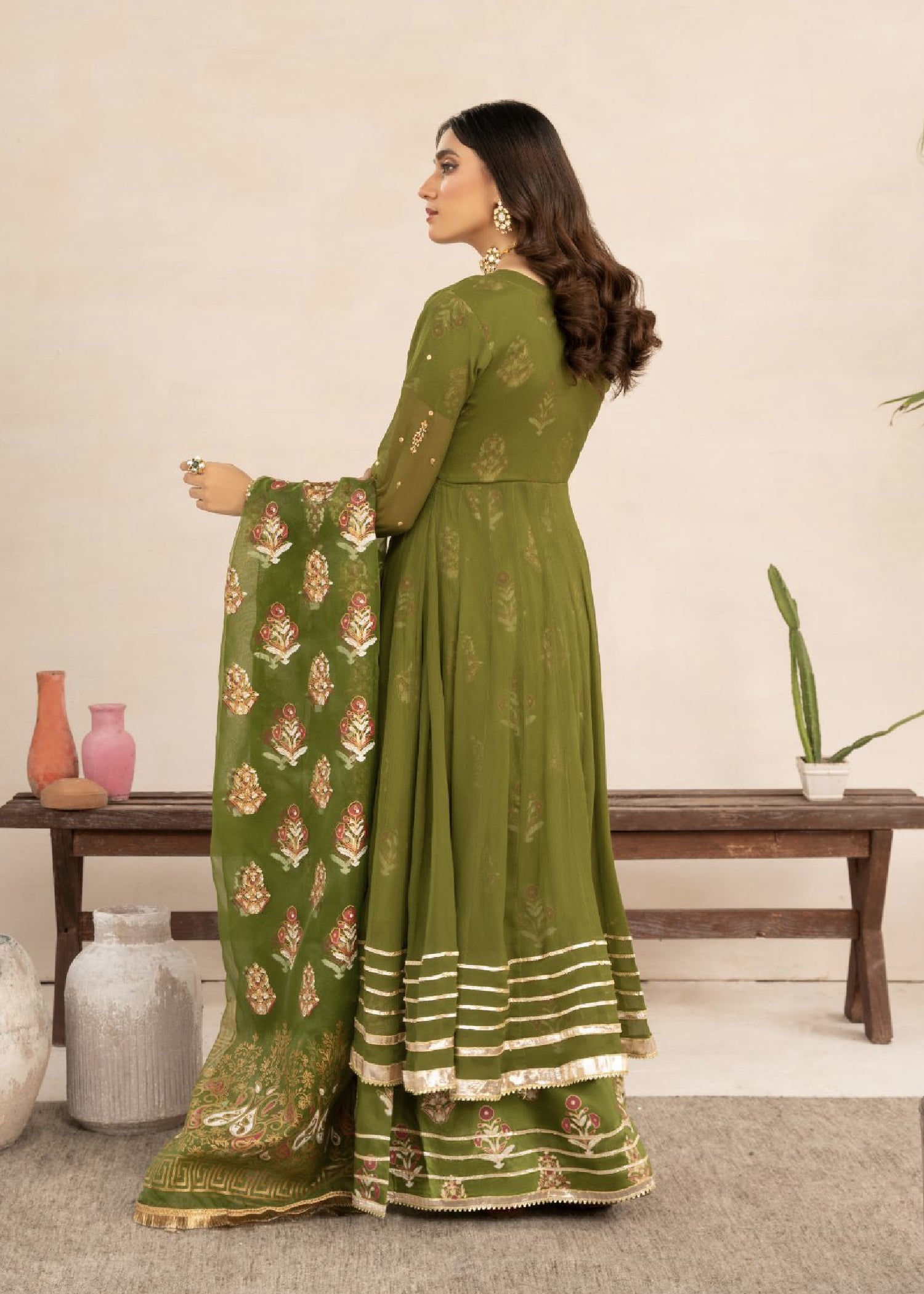 chiffon Angrakha in Olive green