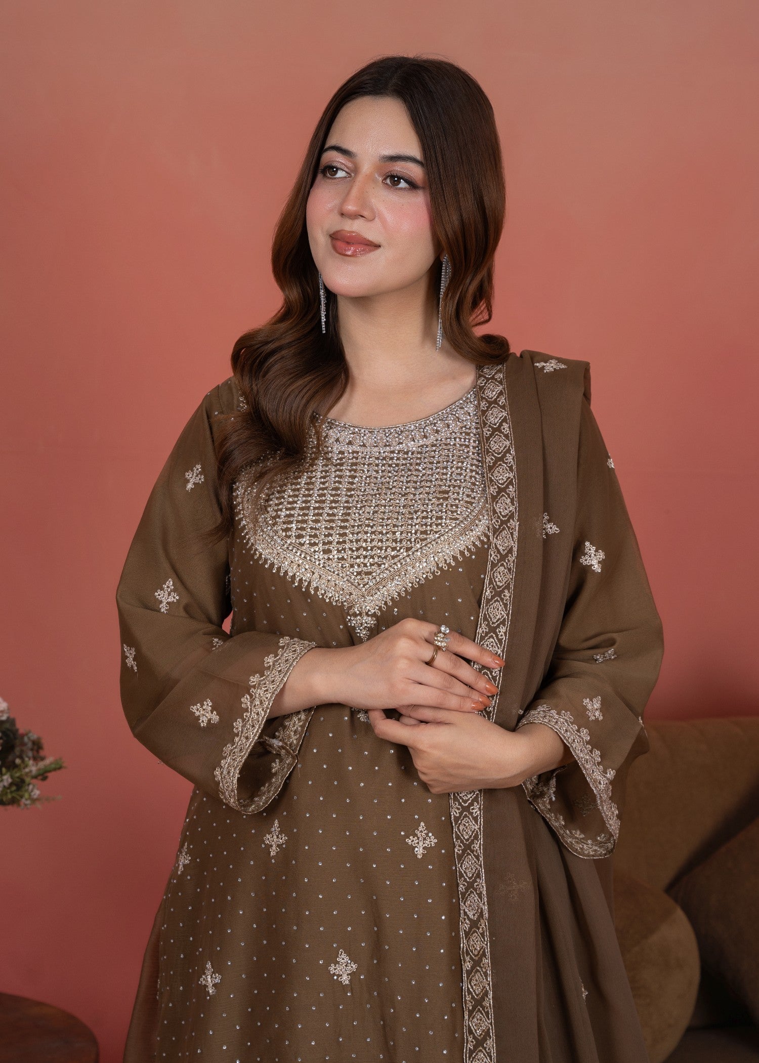 chiffon Kurta Set in Almond brown