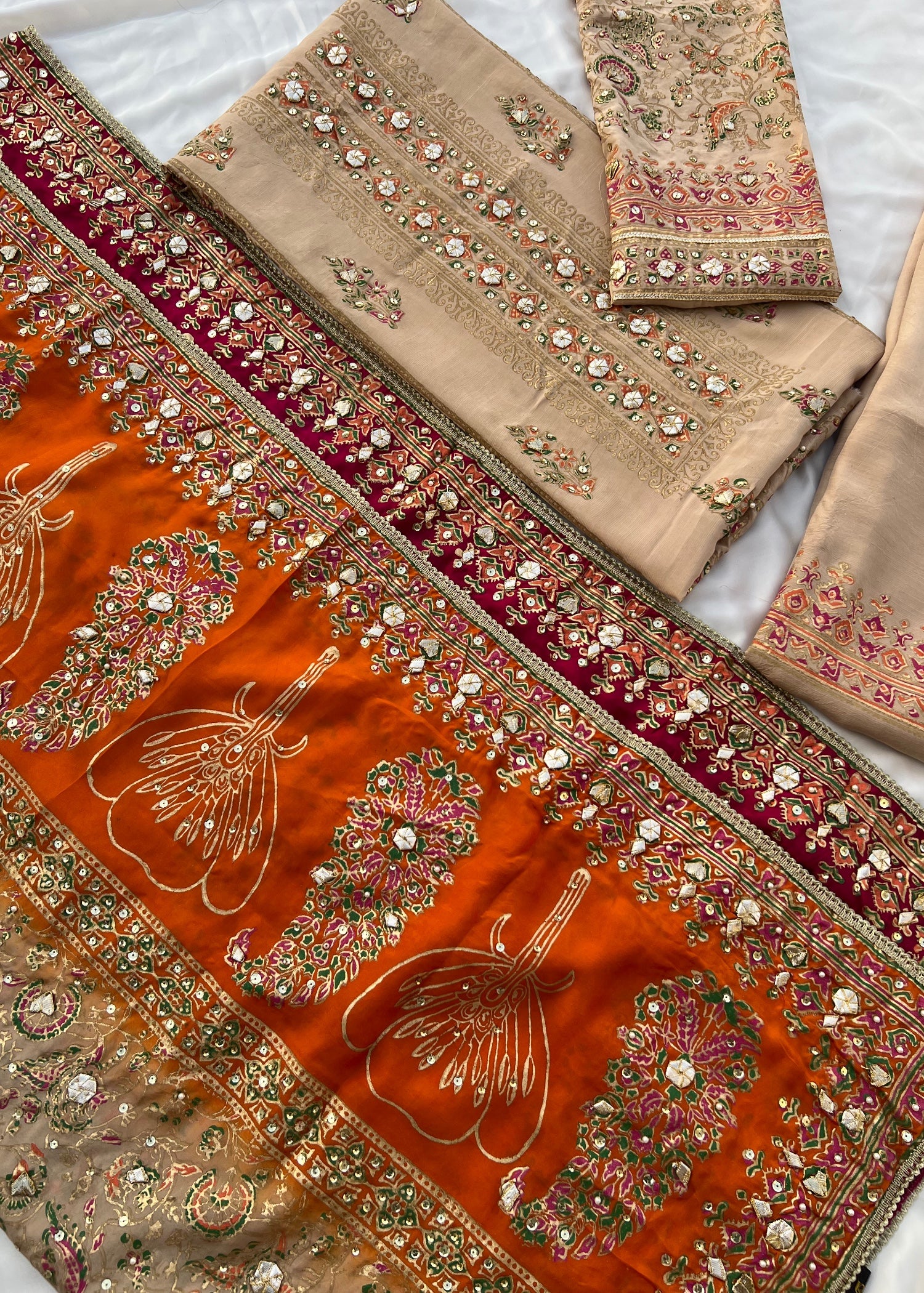 pk raw silk Unstitched in Orange, shocking pink, tan brown