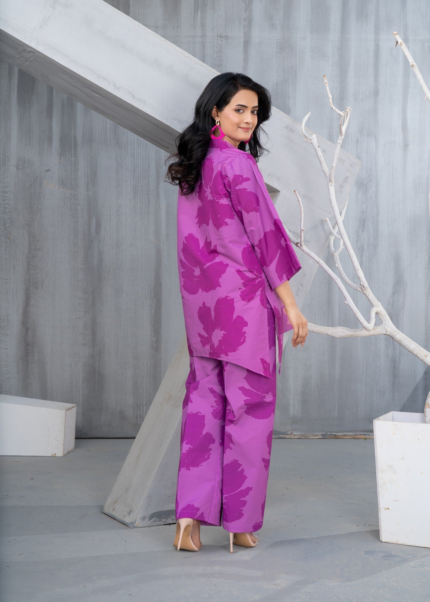 poly lawn Kurta Set in Ultra pink