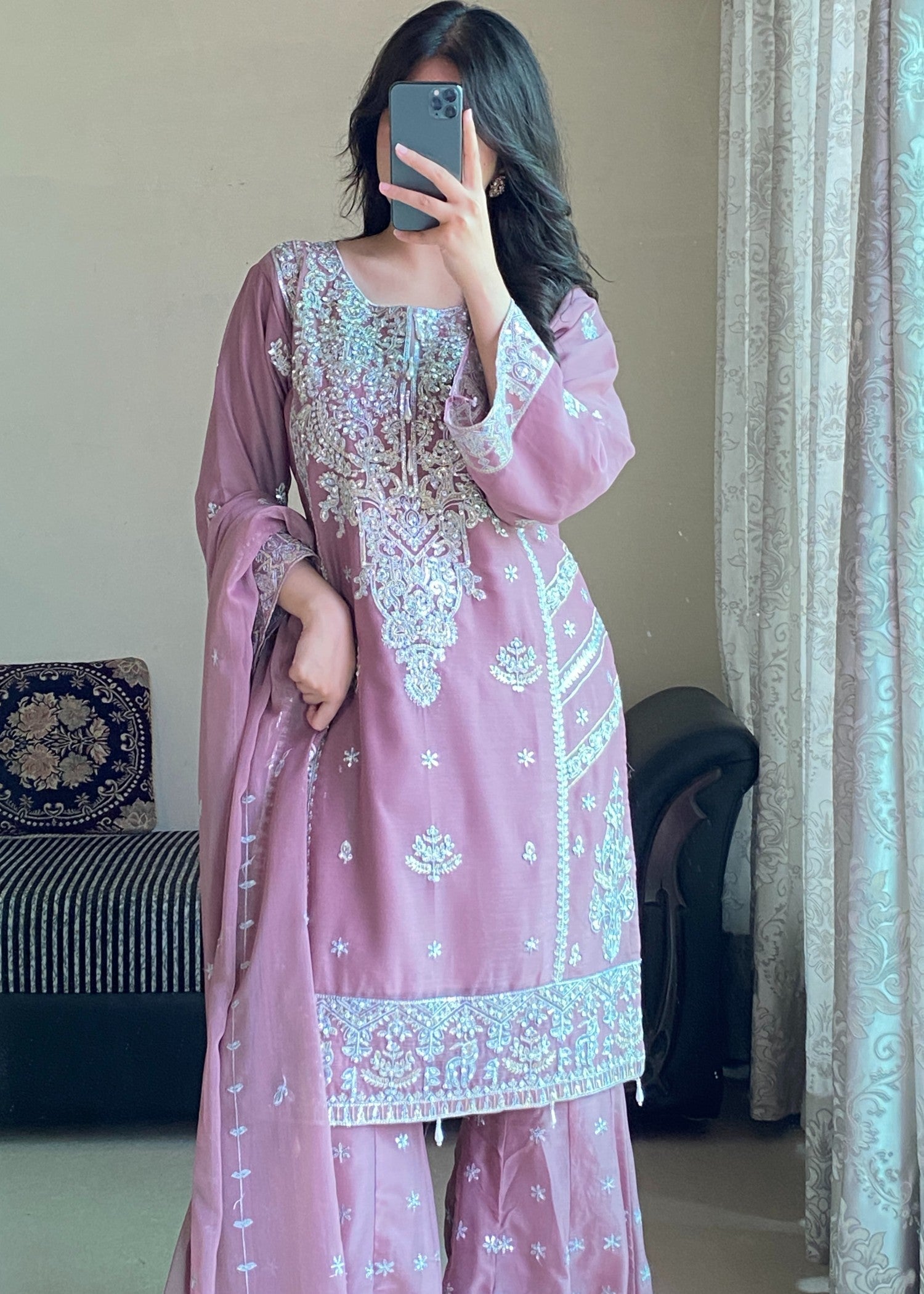 chiffon Gharara in Mauve pink