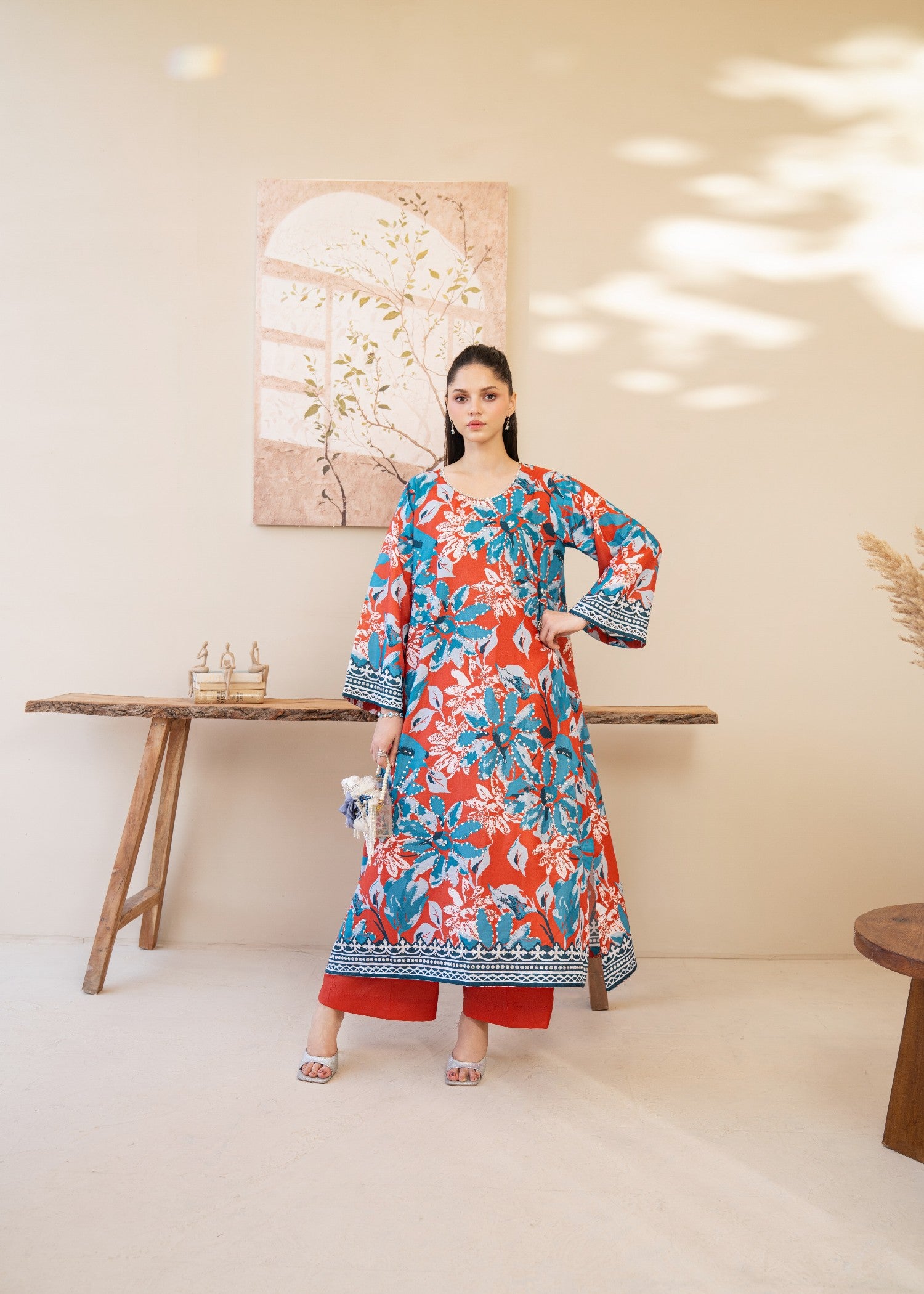 silk grip Kurta Set in Coral red, cobalt blue, baby blue