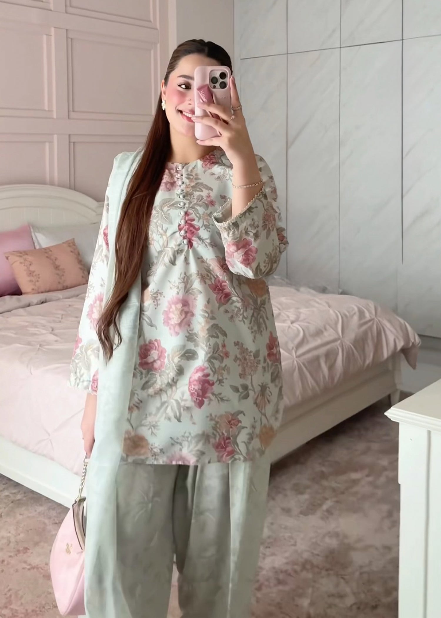 silk finish lawn Kurta Set in Mint green