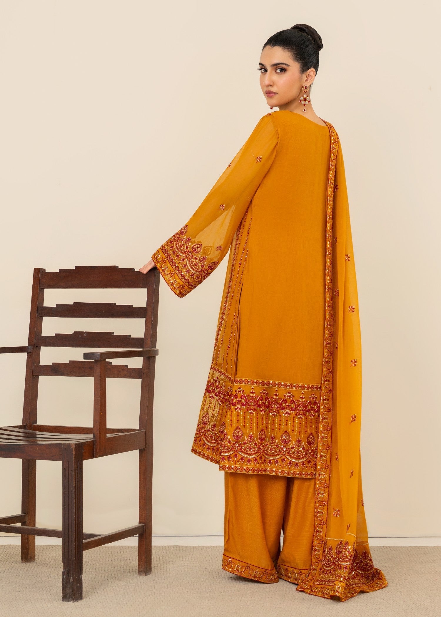 chiffon Kurta Set in Pumpkin orange