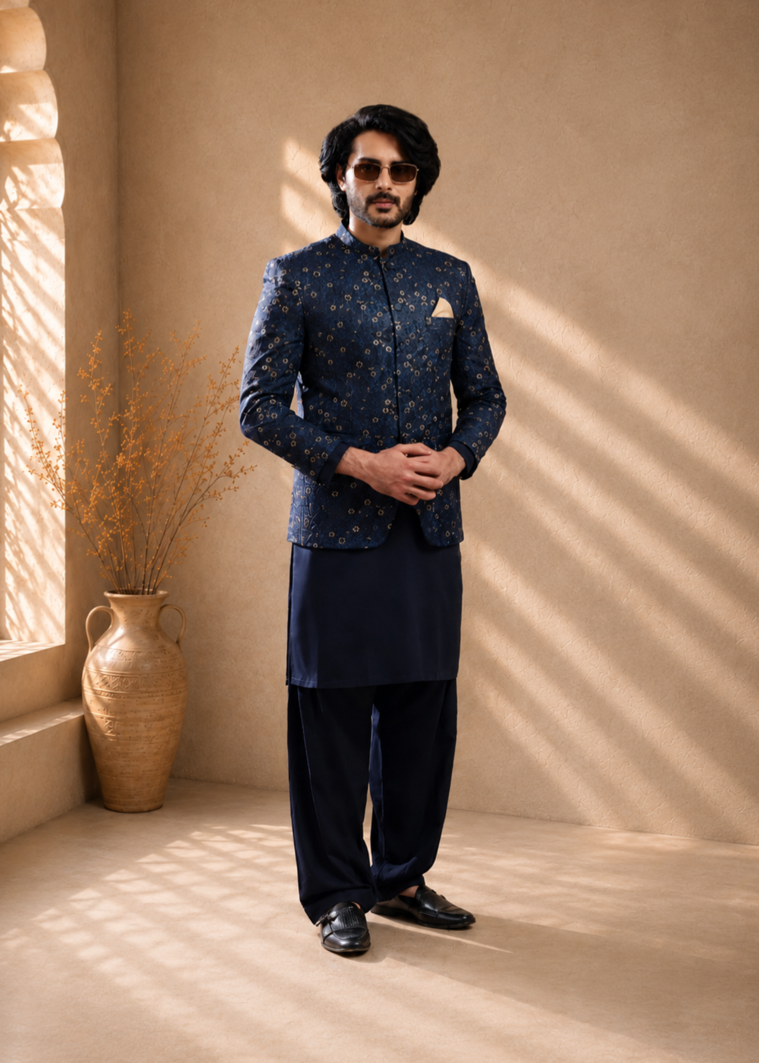 jamawar Prince Coat in Navy blue