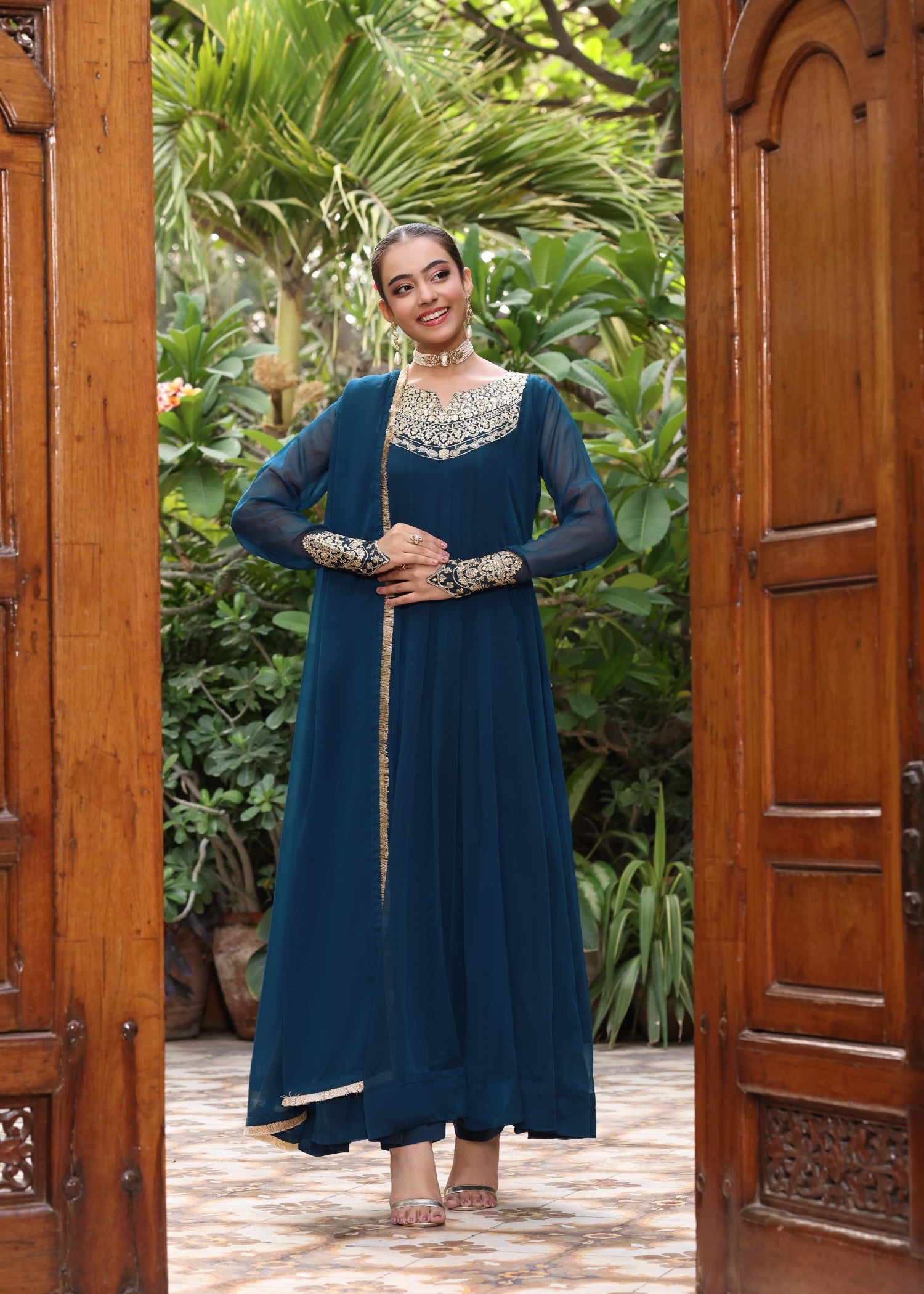 chiffon Pishwas in Teal