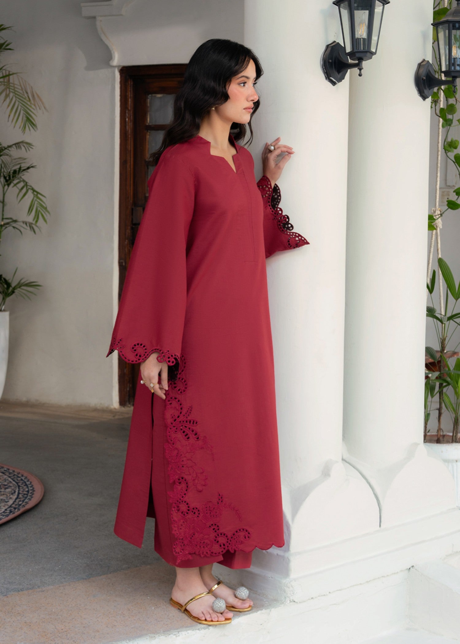 cotton Kurta Set in Carnation red