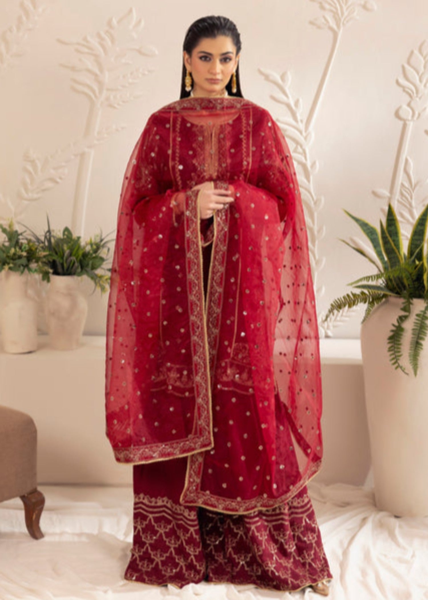 bemberg crinkle chiffon Gharara in Maroon