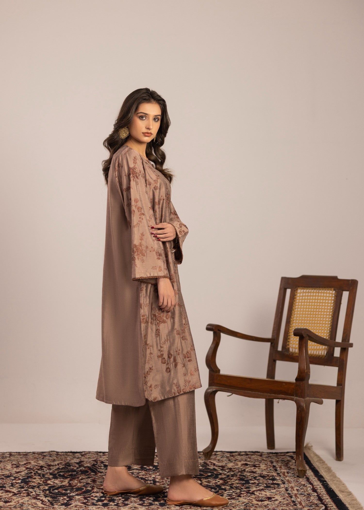 chambray Kurta Set in Brown