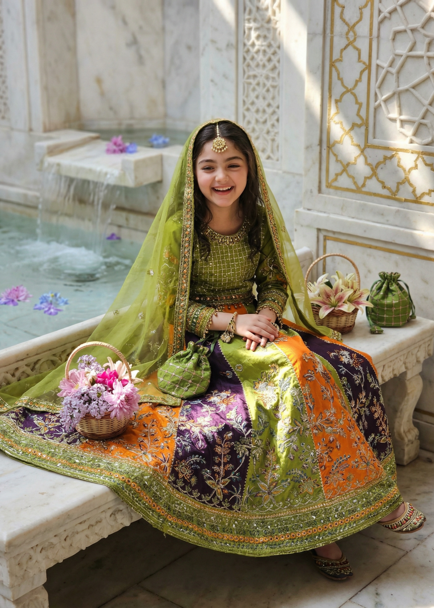 raw silk Lehenga in Olive green, multi