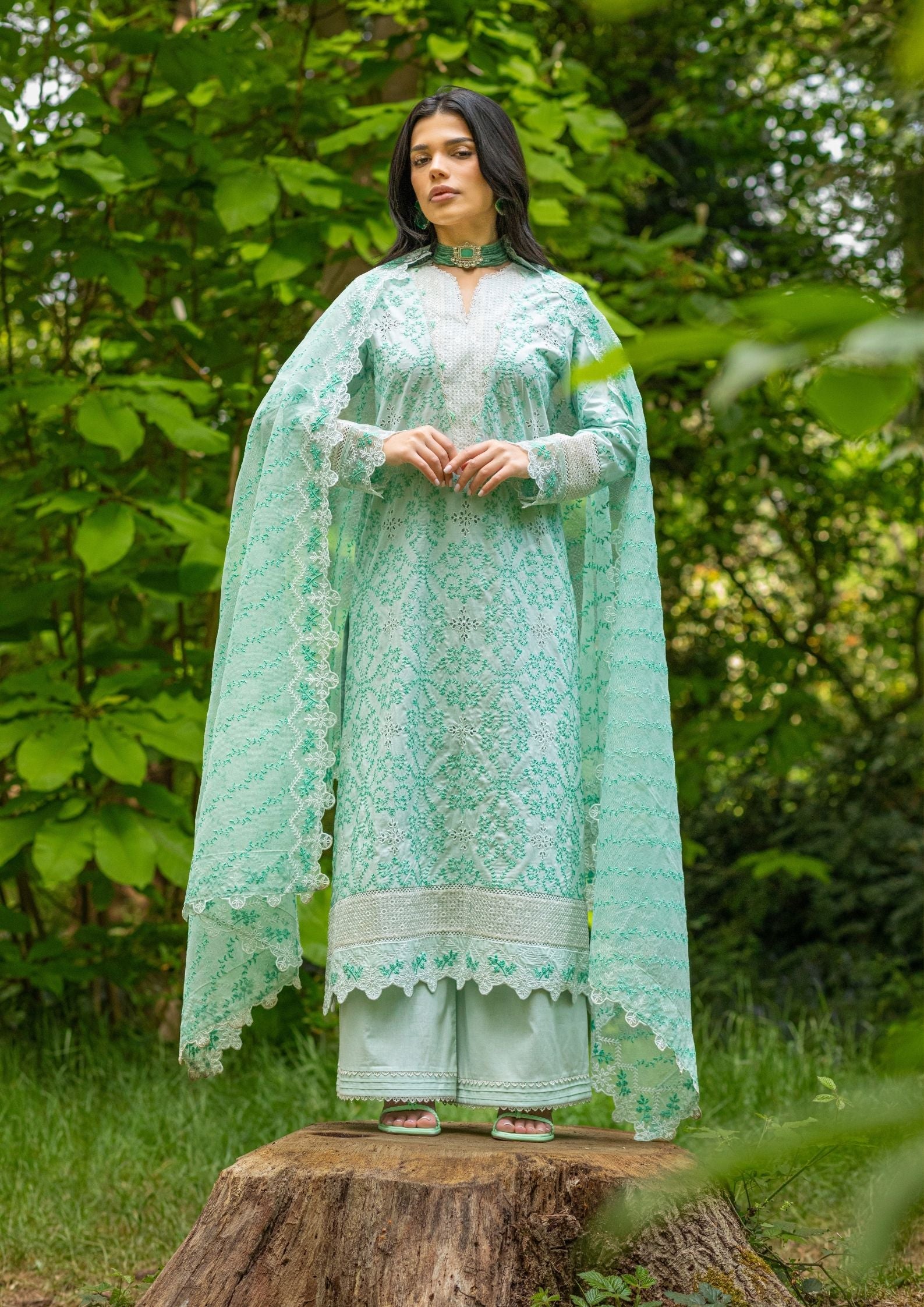 lawn cotton Kurta Set in Moss green