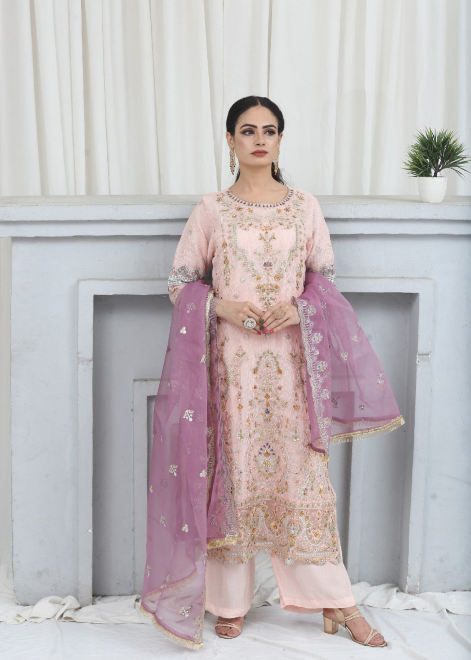 khaddi net Kurta Set in Cherry blossom pink