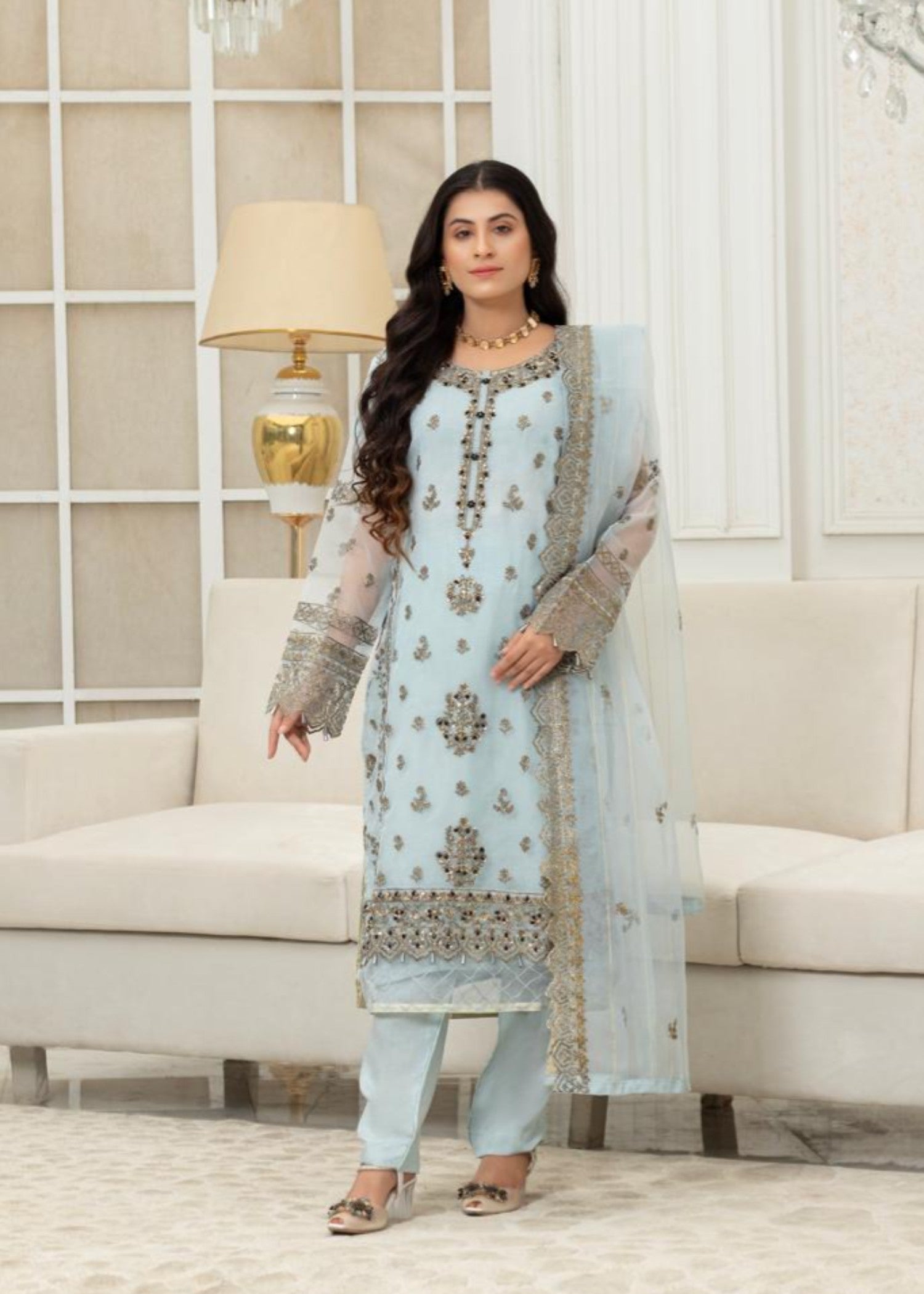 organza Kurta Set in Ice blue