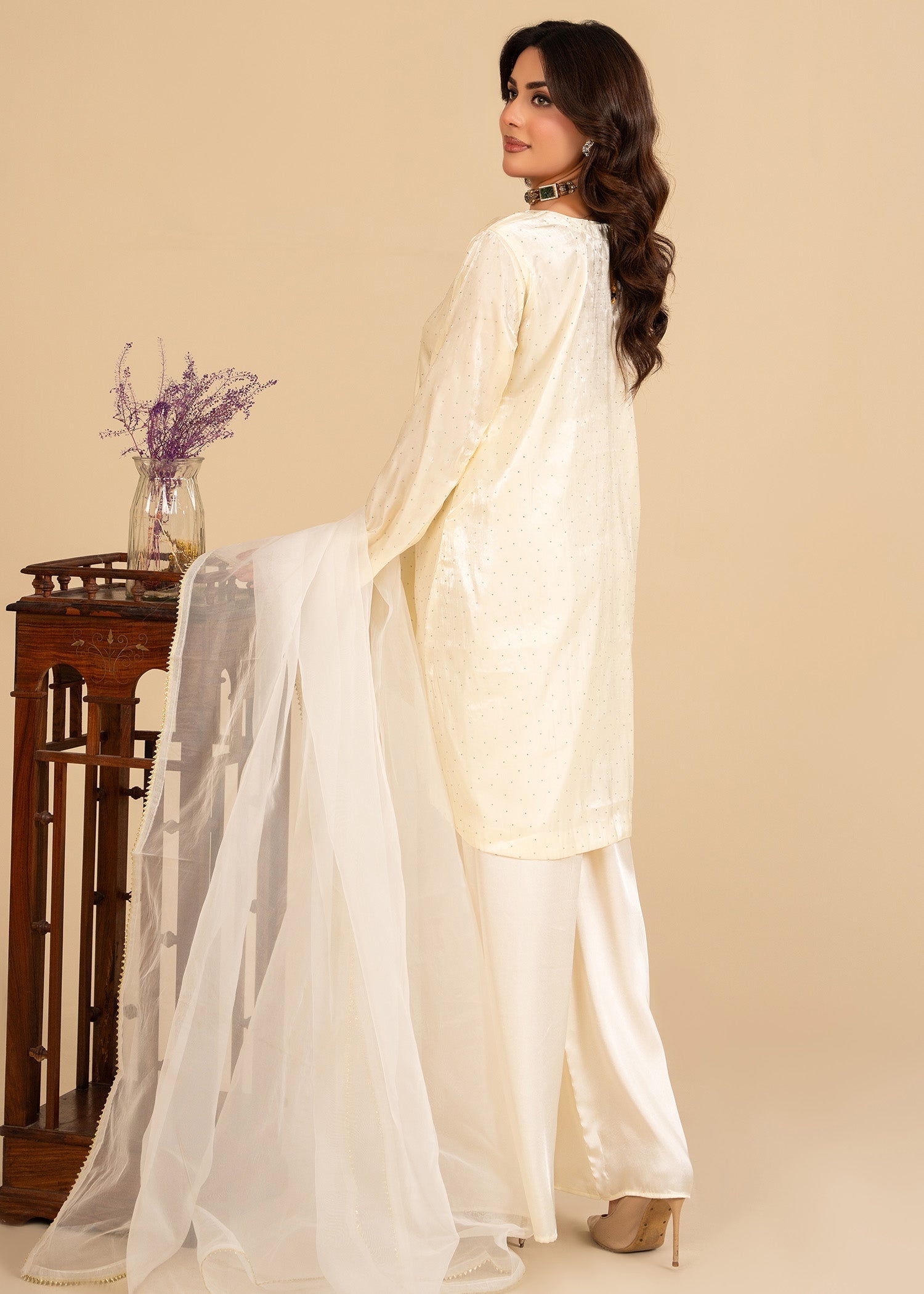zari organza Short Frock in Off-white