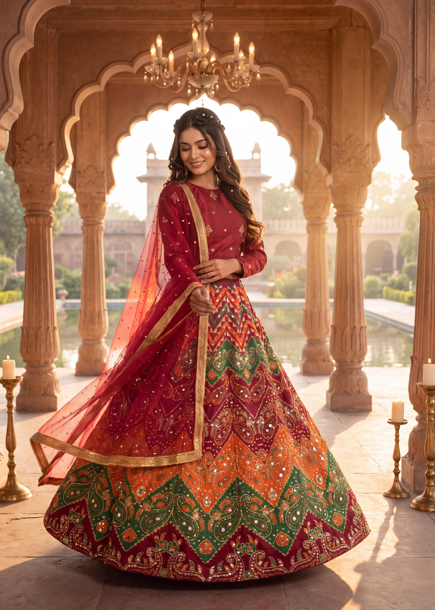 kattan silk Lehenga in Multi, maroon