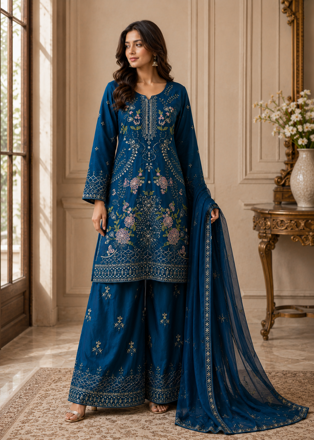 chiffon Kurta Set in Sapphire blue