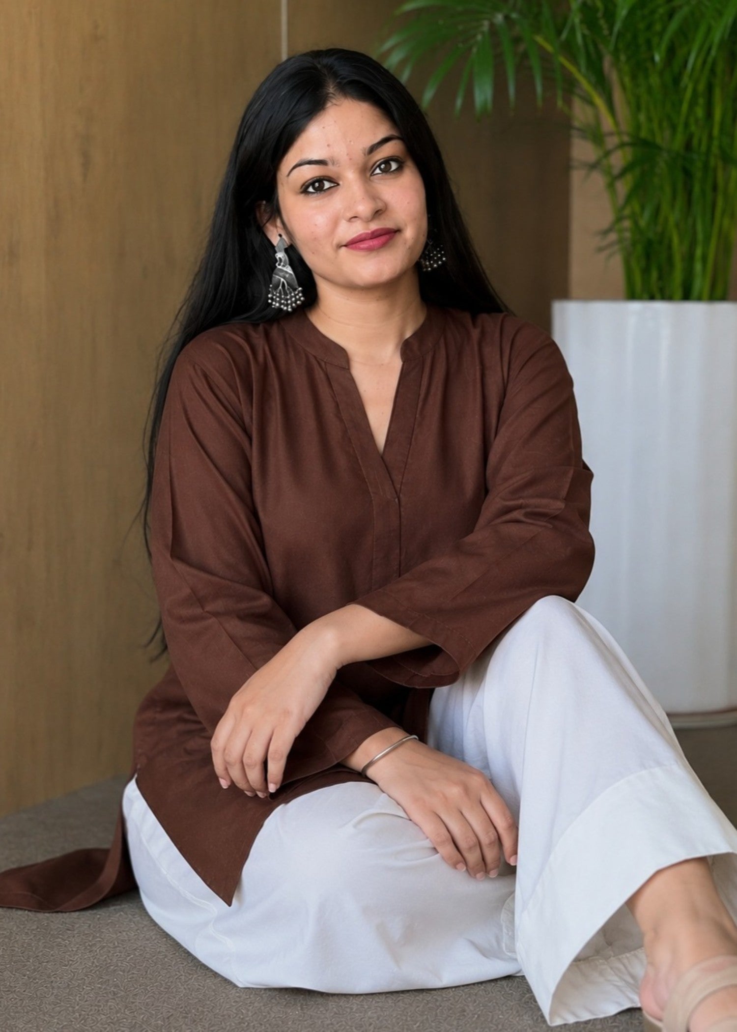 linen Kurta Set in Chocolate brown