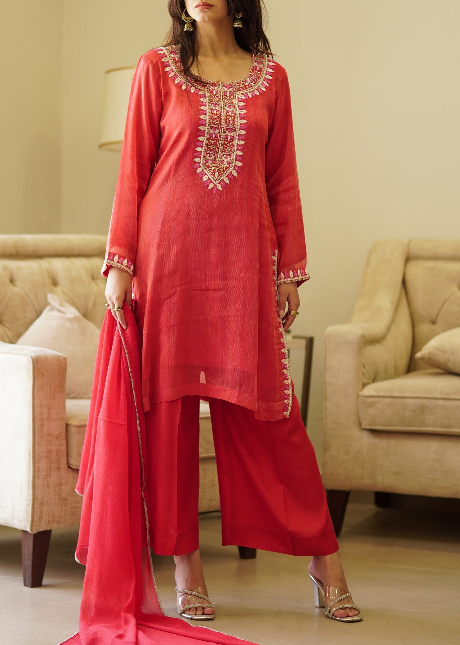 zari masuri Kurta Set in Rust red
