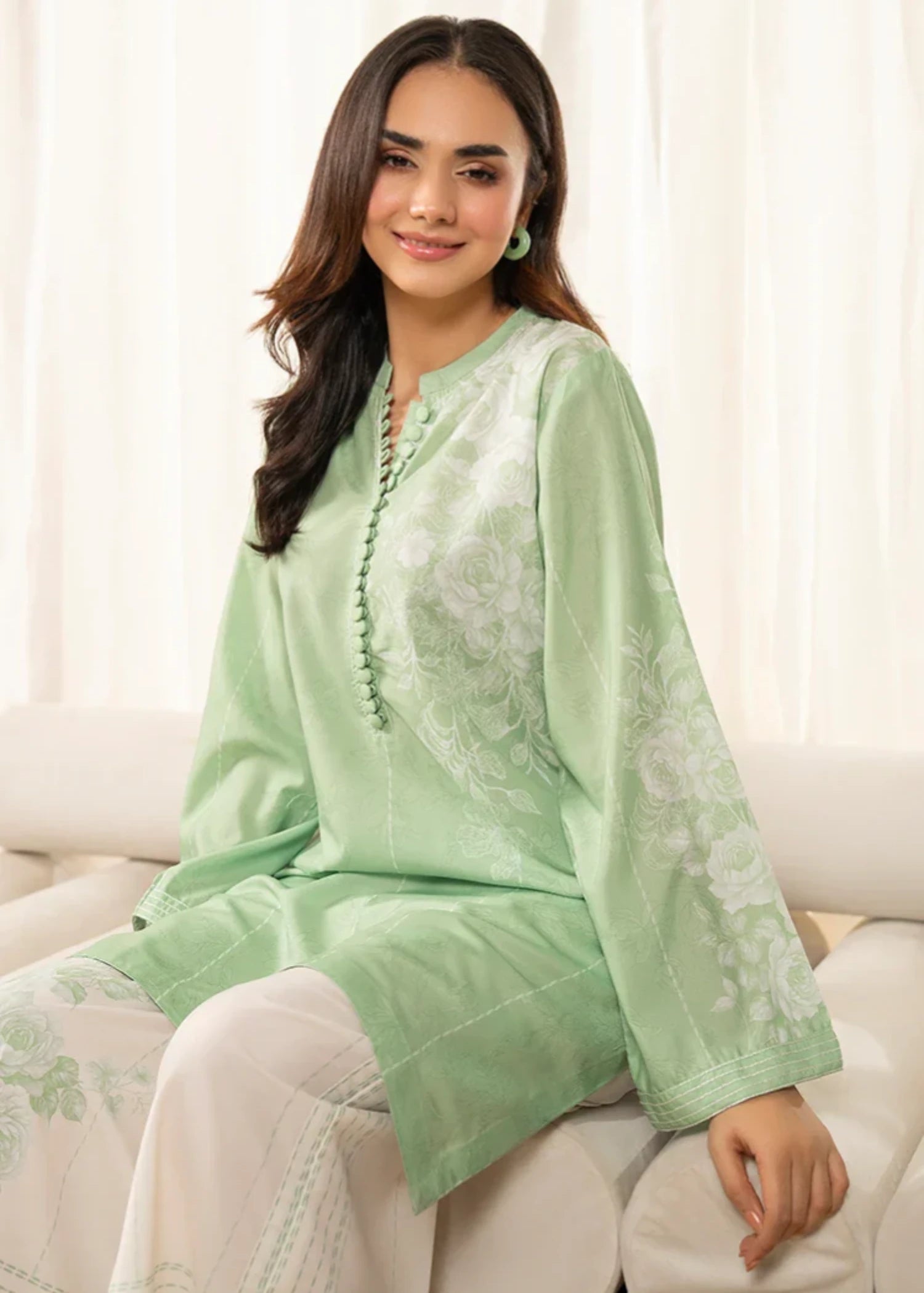 cambric Kurta Set in White, yellow green