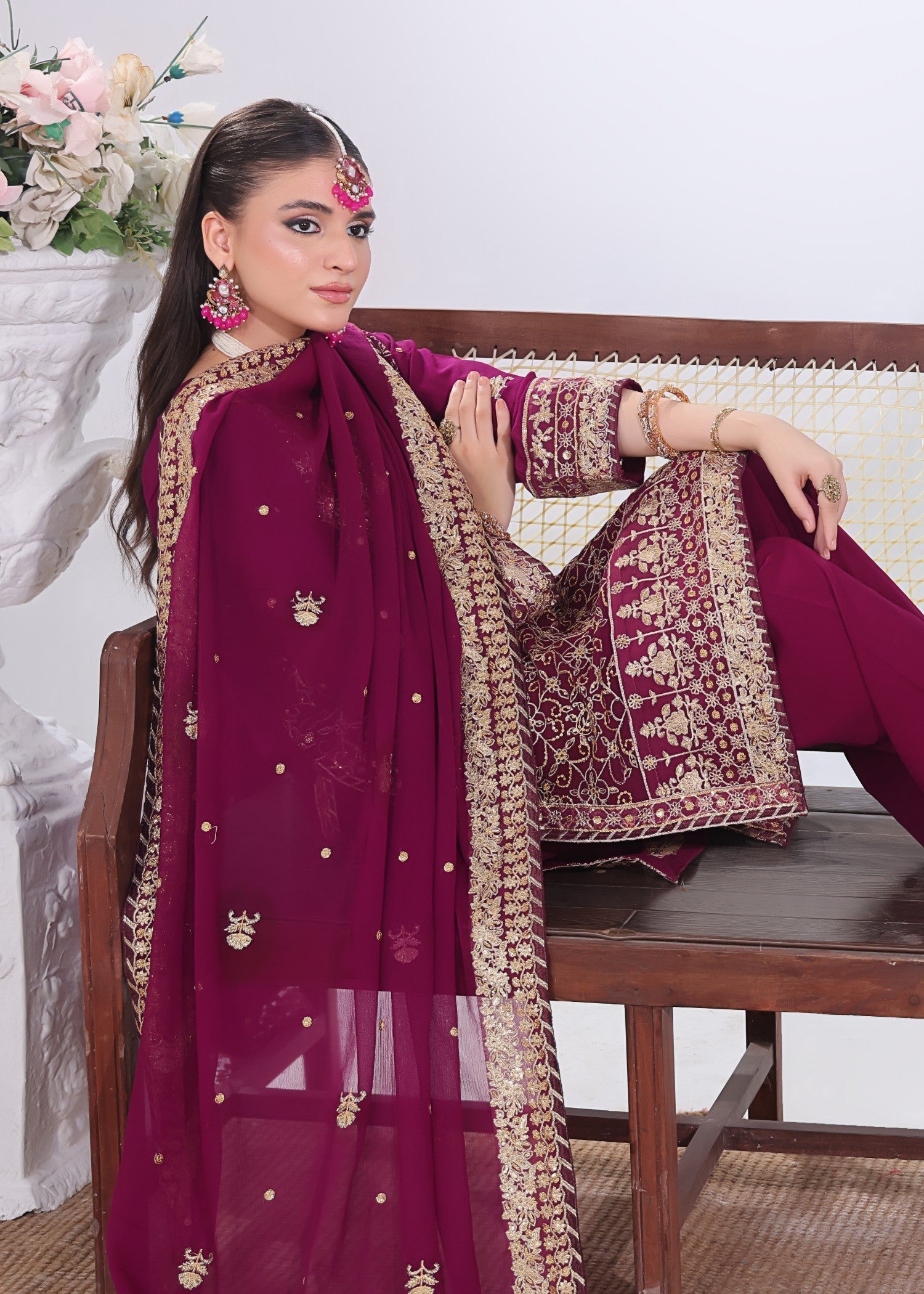 chiffon Kurta Set in Magenta haze