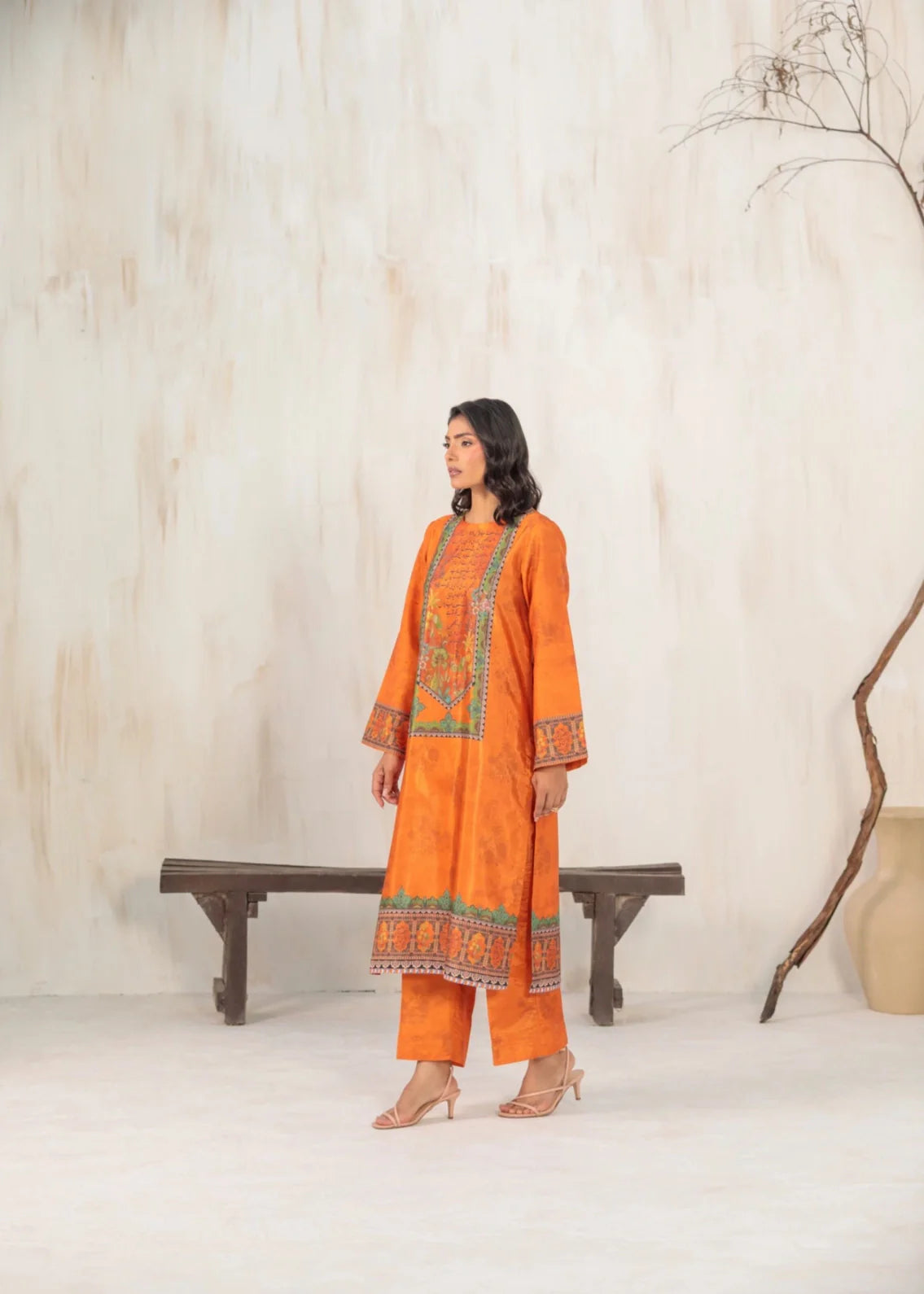 viscose raw silk Kurta Set in Ochre orange