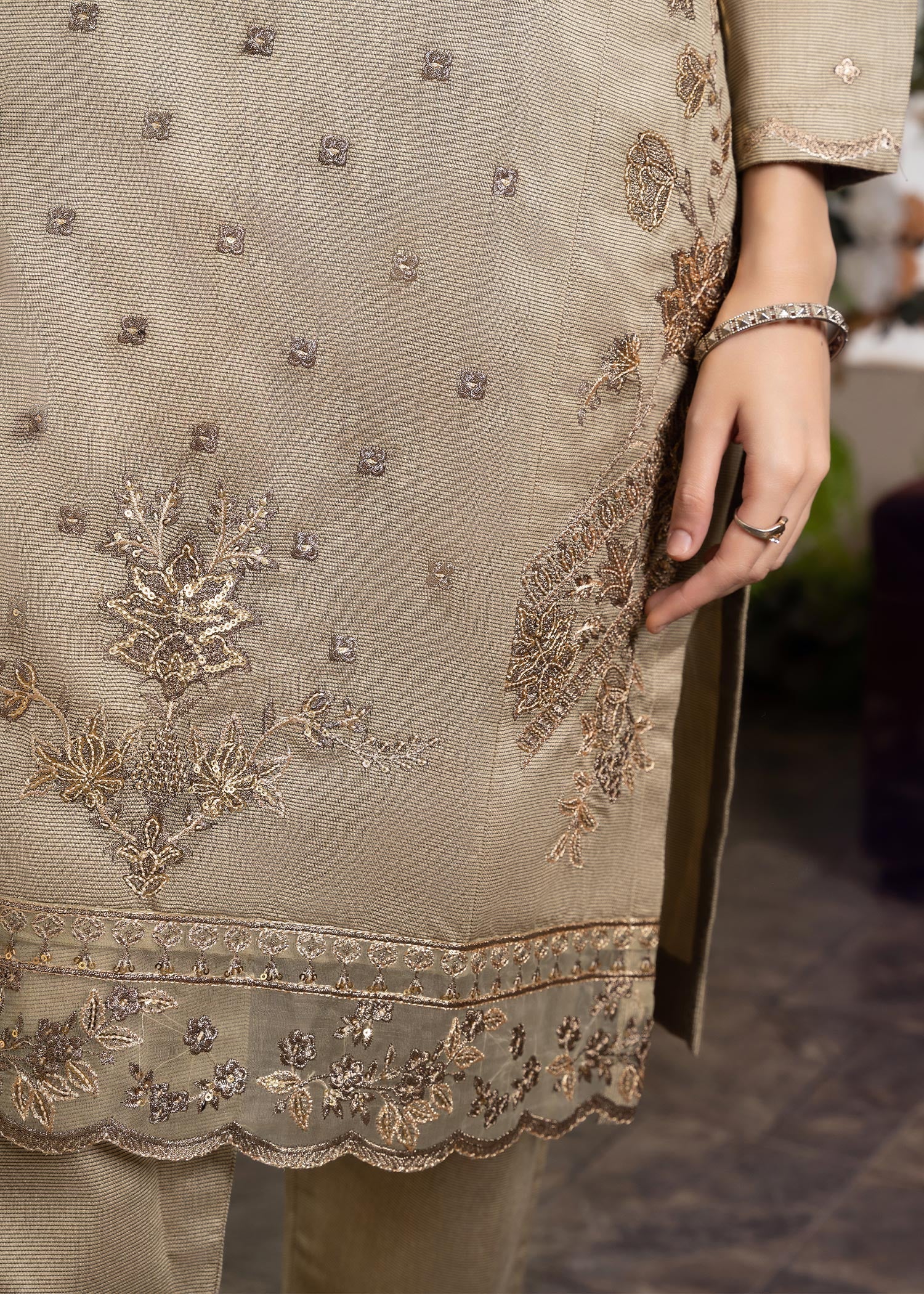 khaddi net Kurta Set in Sand brown