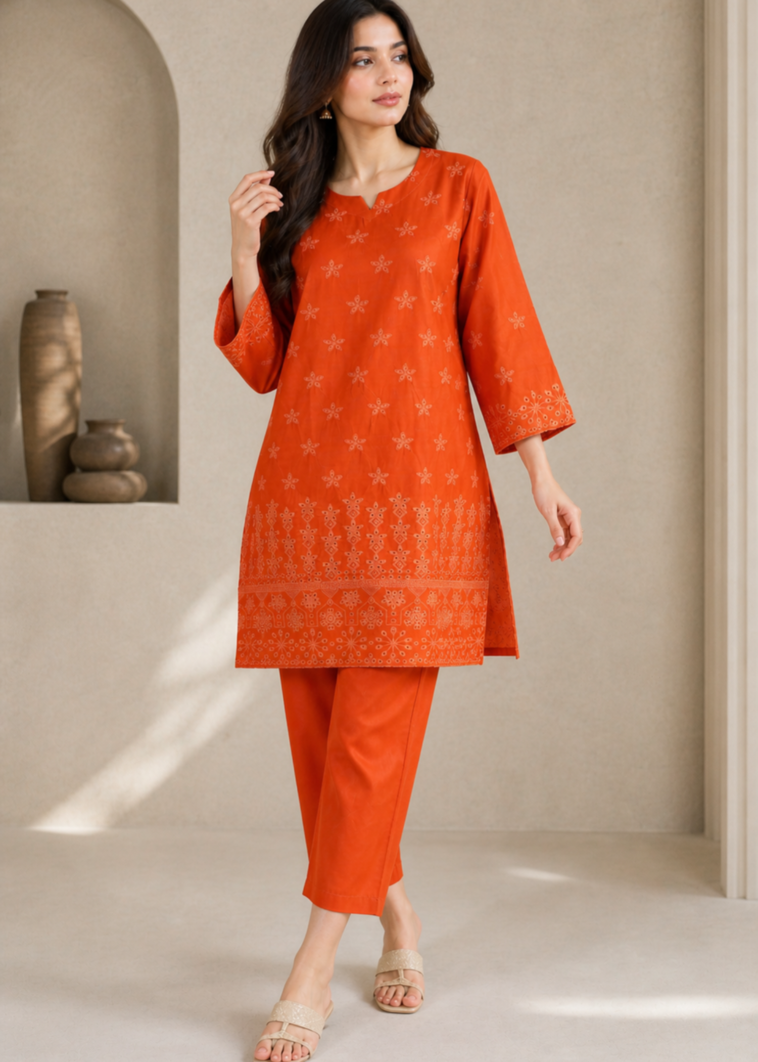 chikankari cotton Kurta Set in Orange