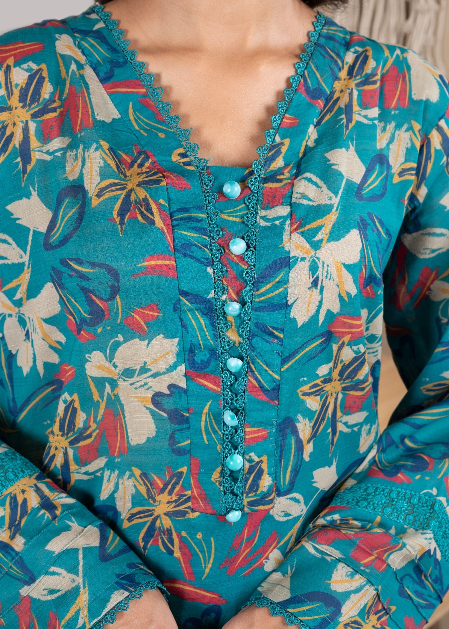 lawn Kurta Set in Bondi blue