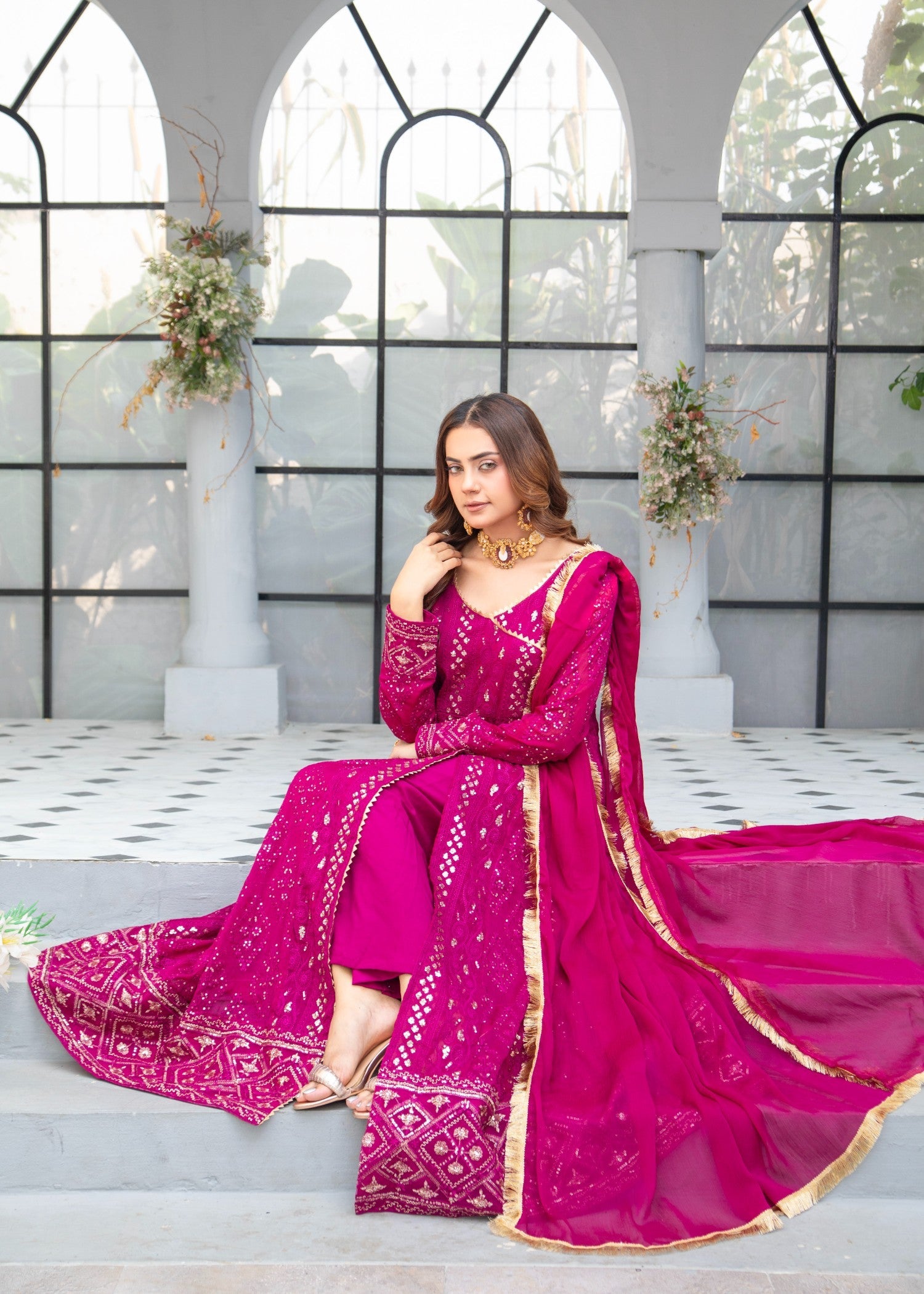 chiffon Angrakha in Magenta