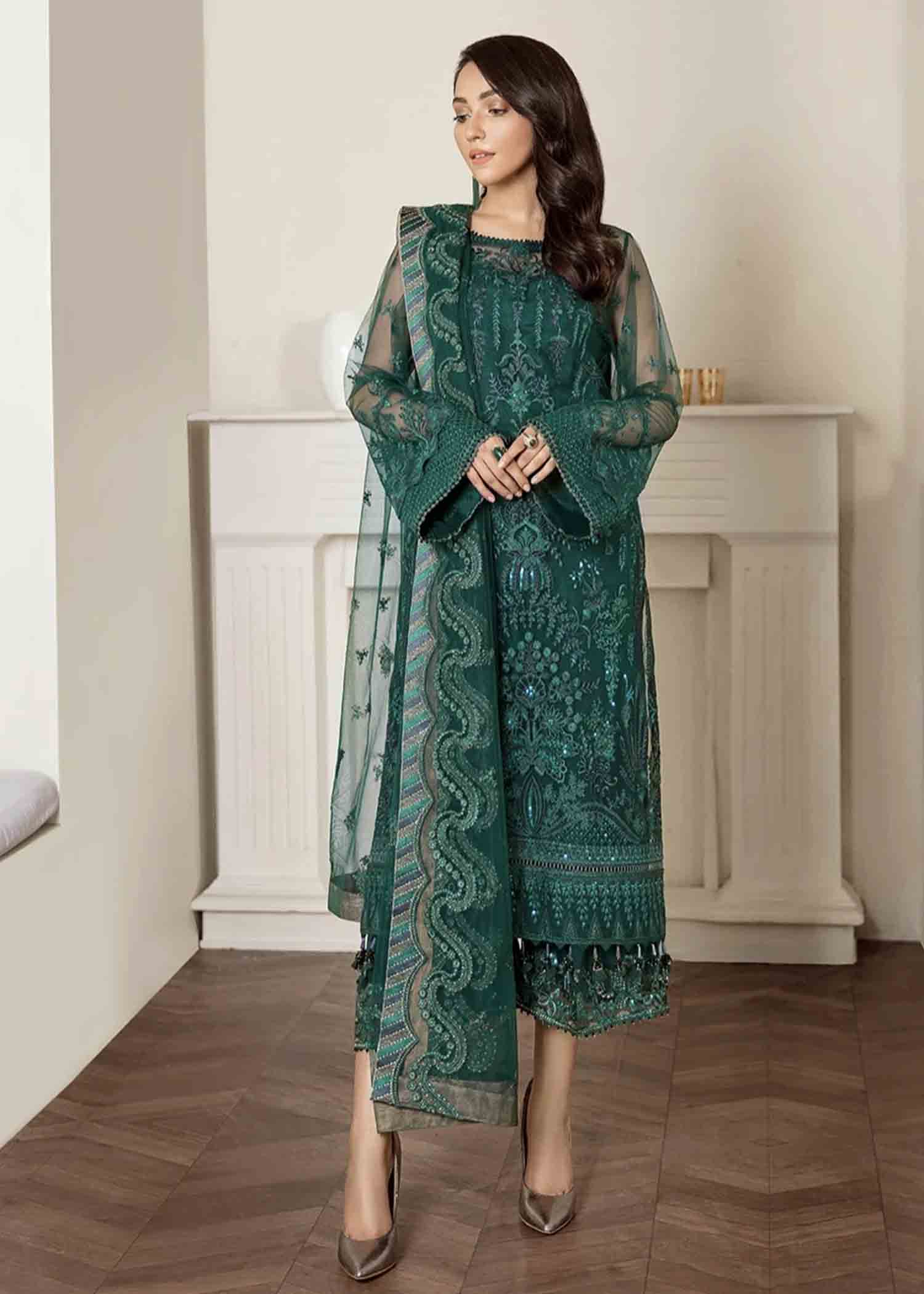 net Kurta Set in Bottle green