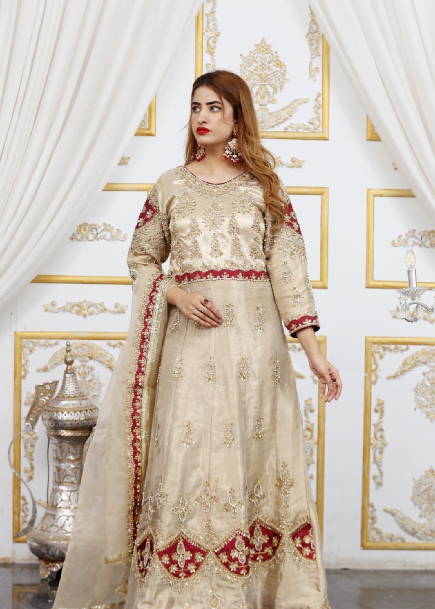 khaddi net shabnam zari Maxi in Beige