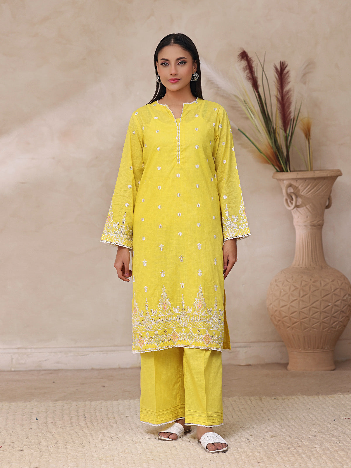 injected slub Kurta Set in Yellow
