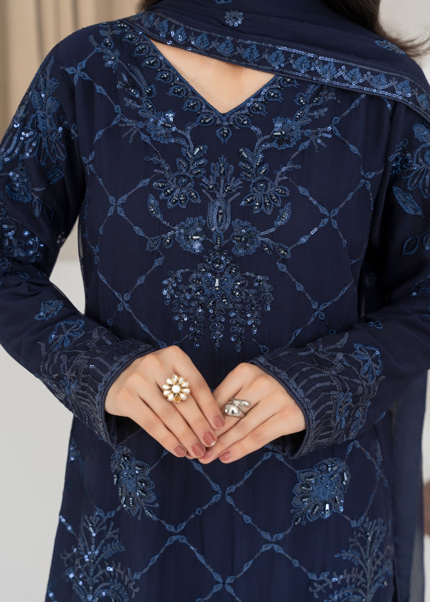 crinkle chiffon Kurta Set in Navy blue