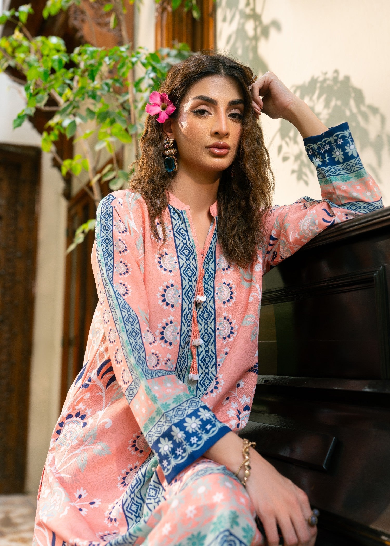 poly lawn Kurta Set in Peach pink