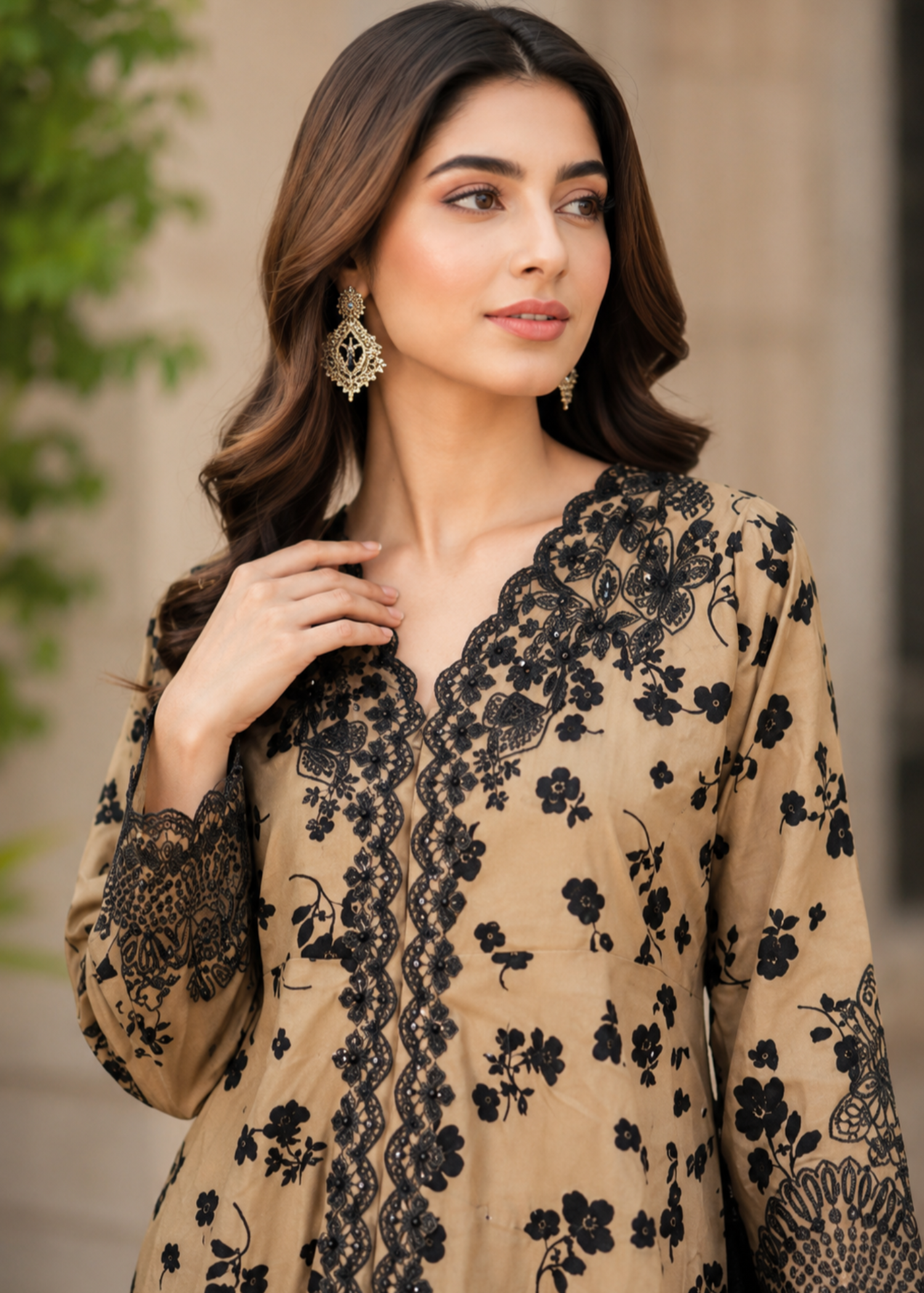 crepe Short Frock in Tan brown