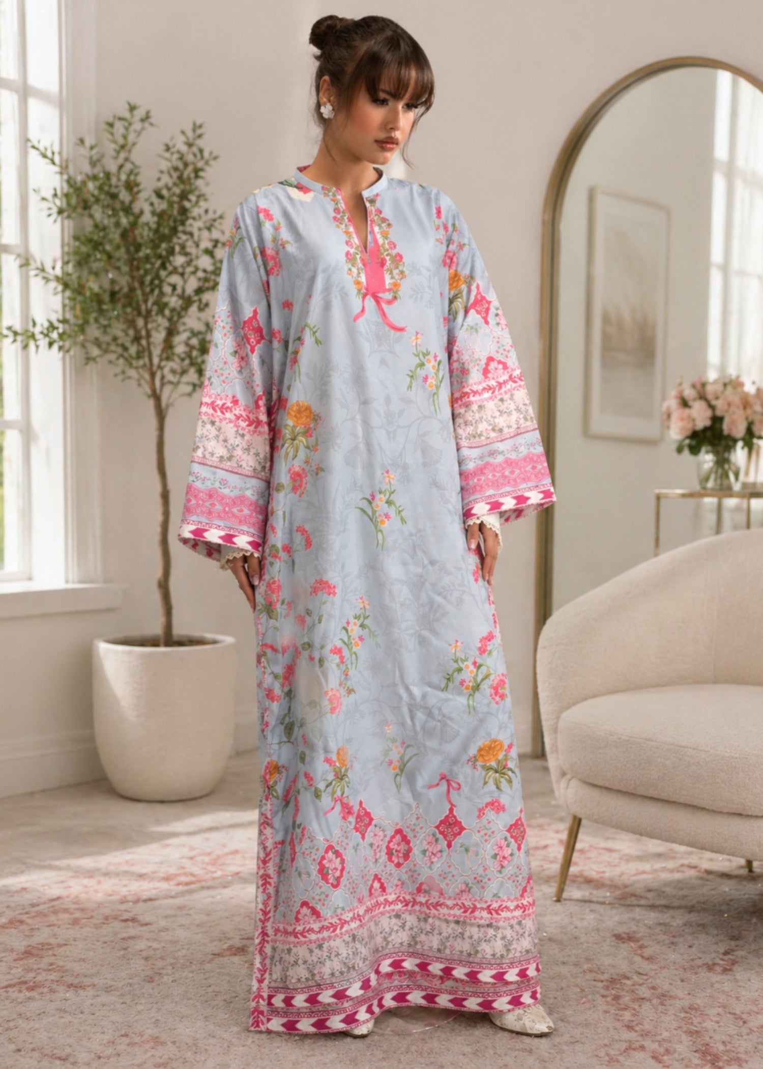 poly lawn Kaftan in Sky blue