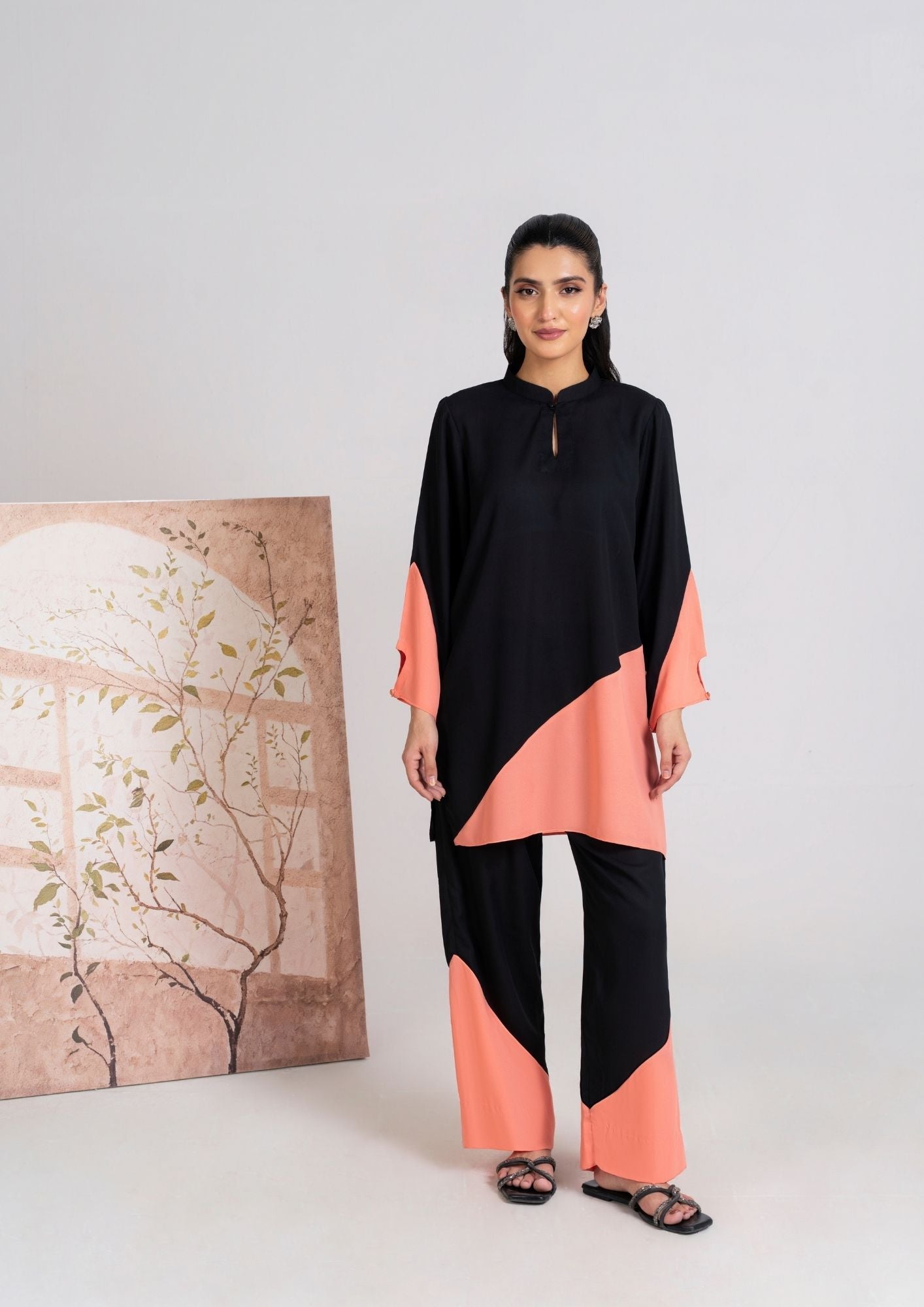 georgette Tunic in Black, peach orange