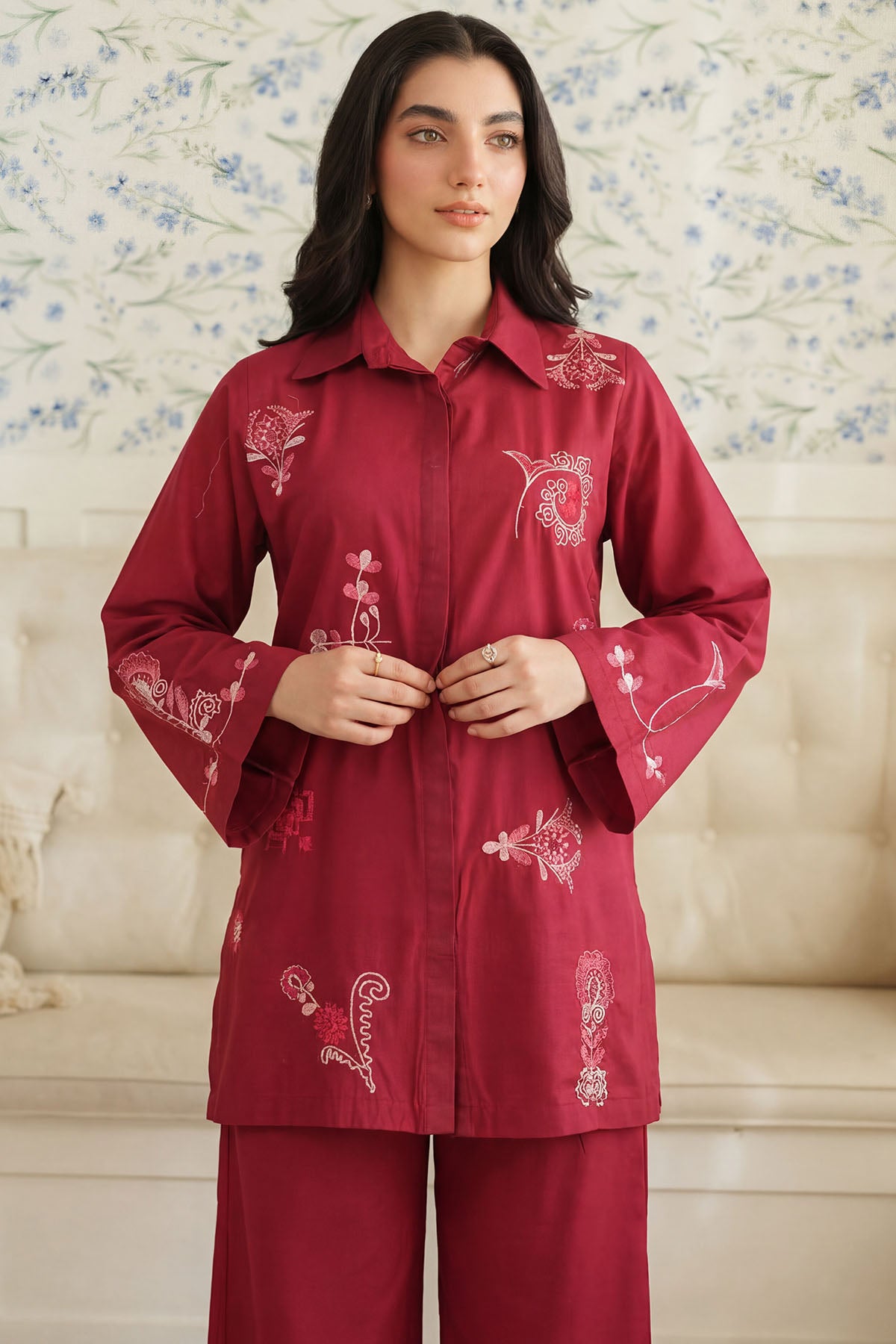cambric Kurta Set in Hot pink