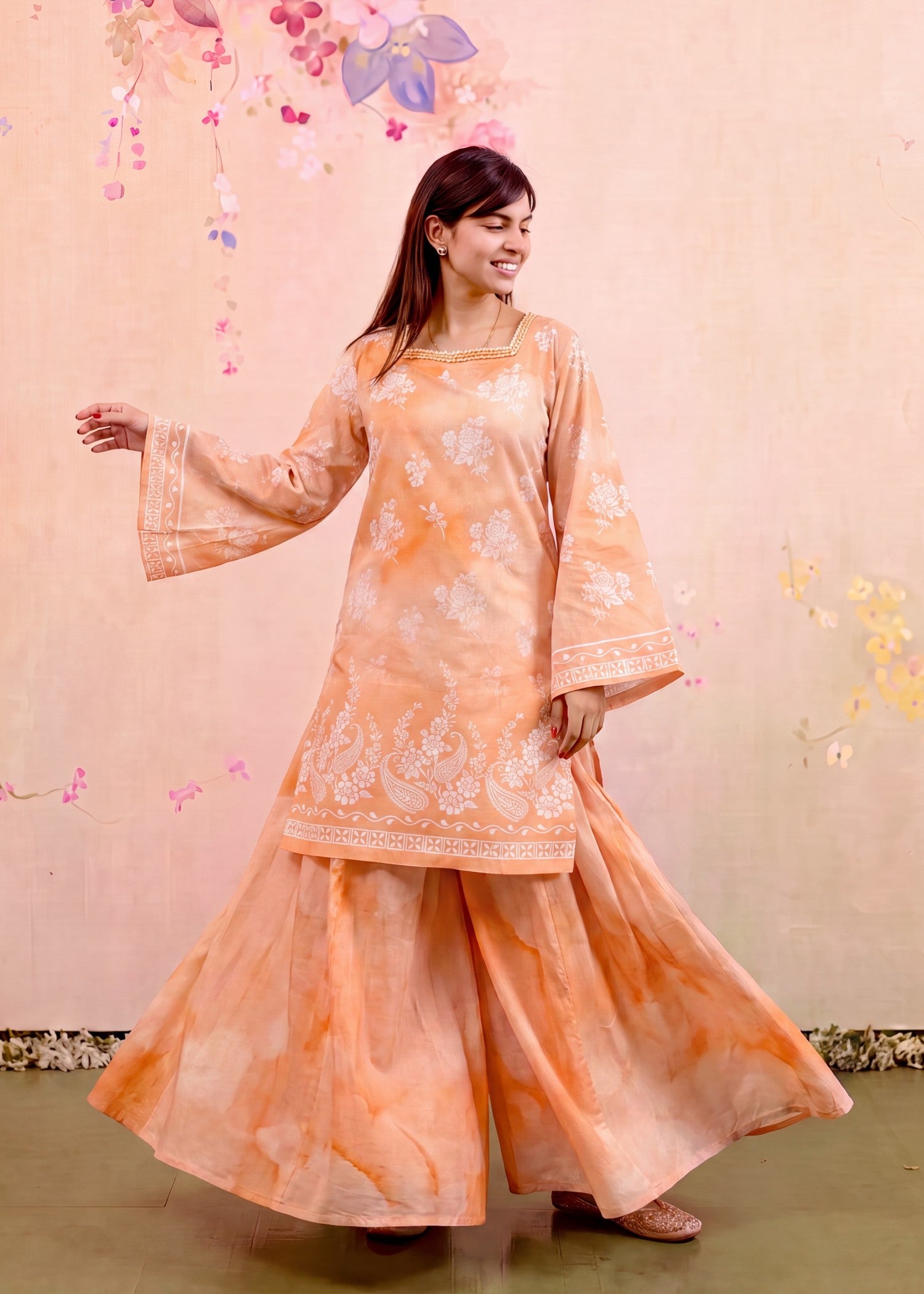 lawn Sharara in Peach orange