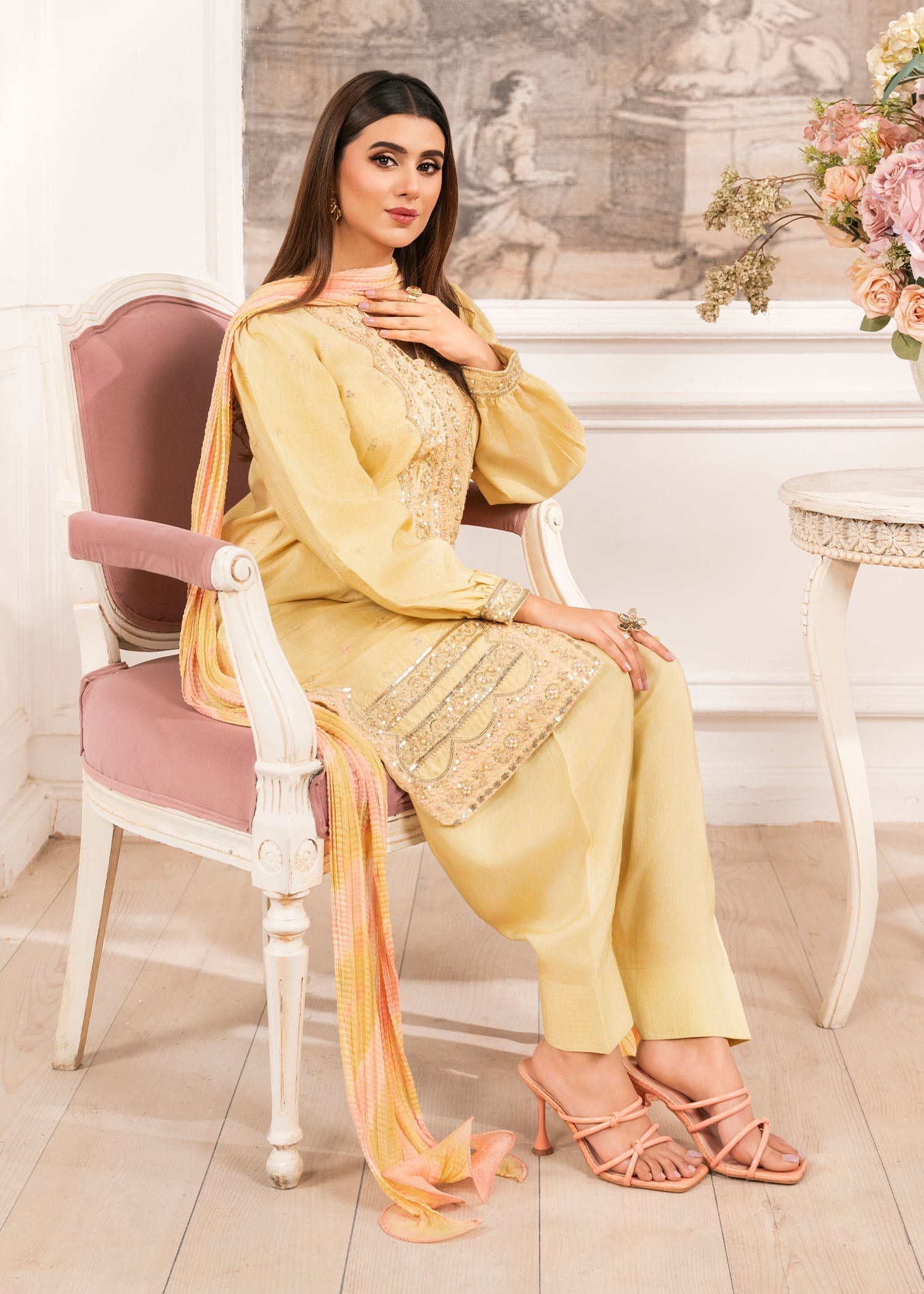 raw silk Kurta Set in Light yellow