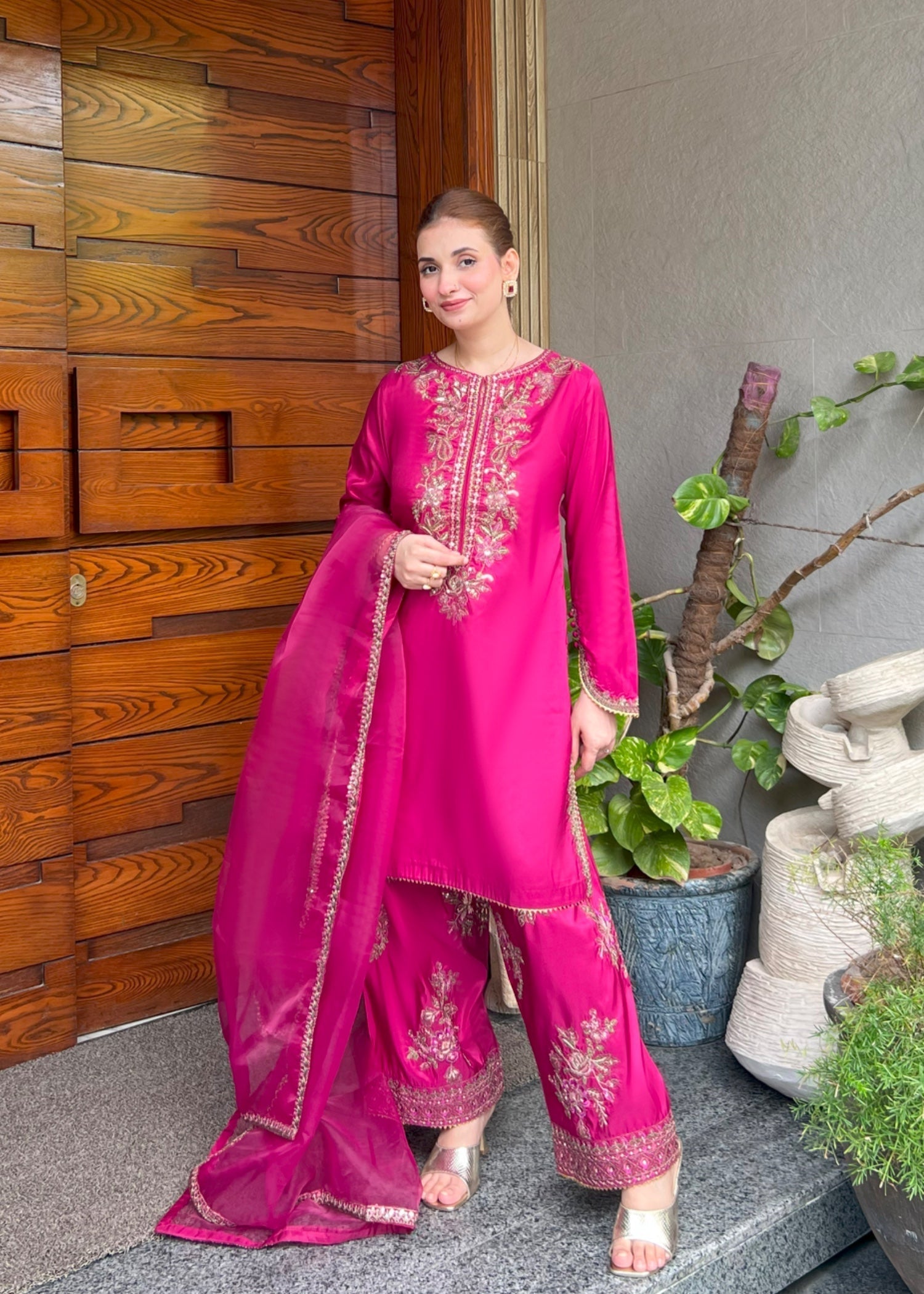 kattan silk Kurta Set in Raspberry pink