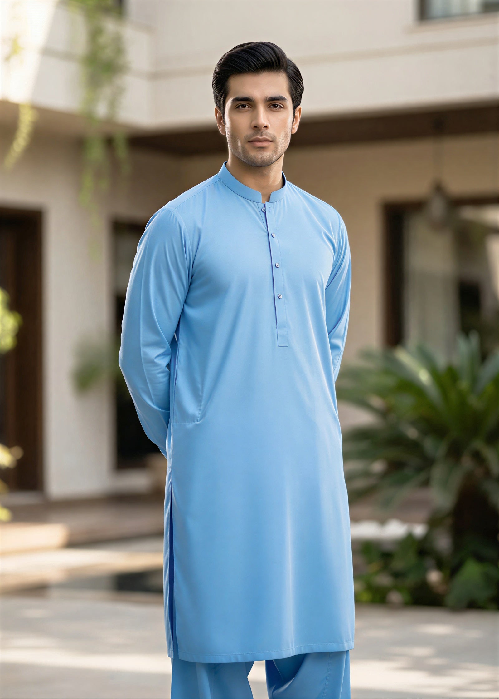 blend boski Shalwar Kameez in Sky blue by Waqar Mustafa
