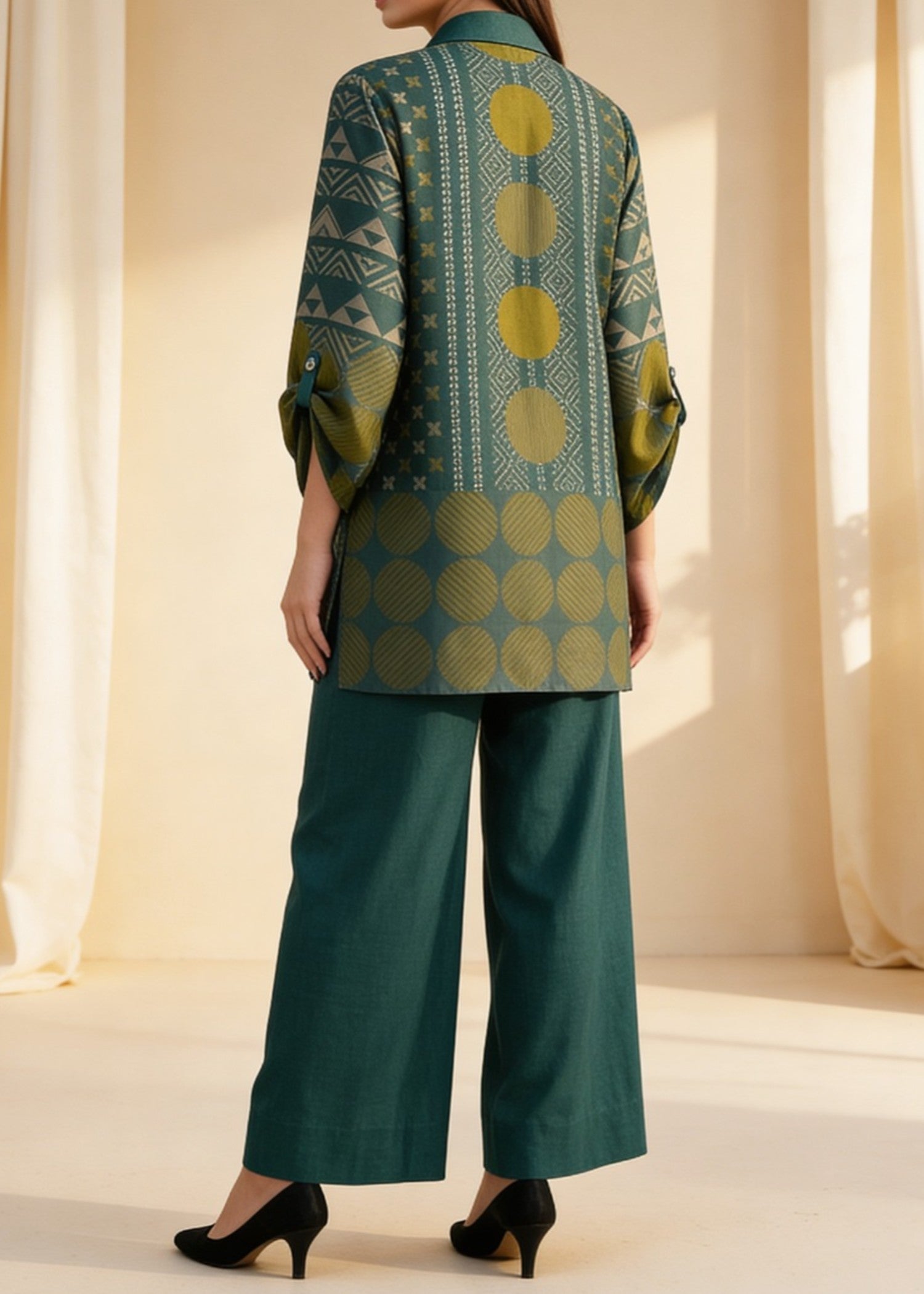 jacquard Kurta Set in Dark green